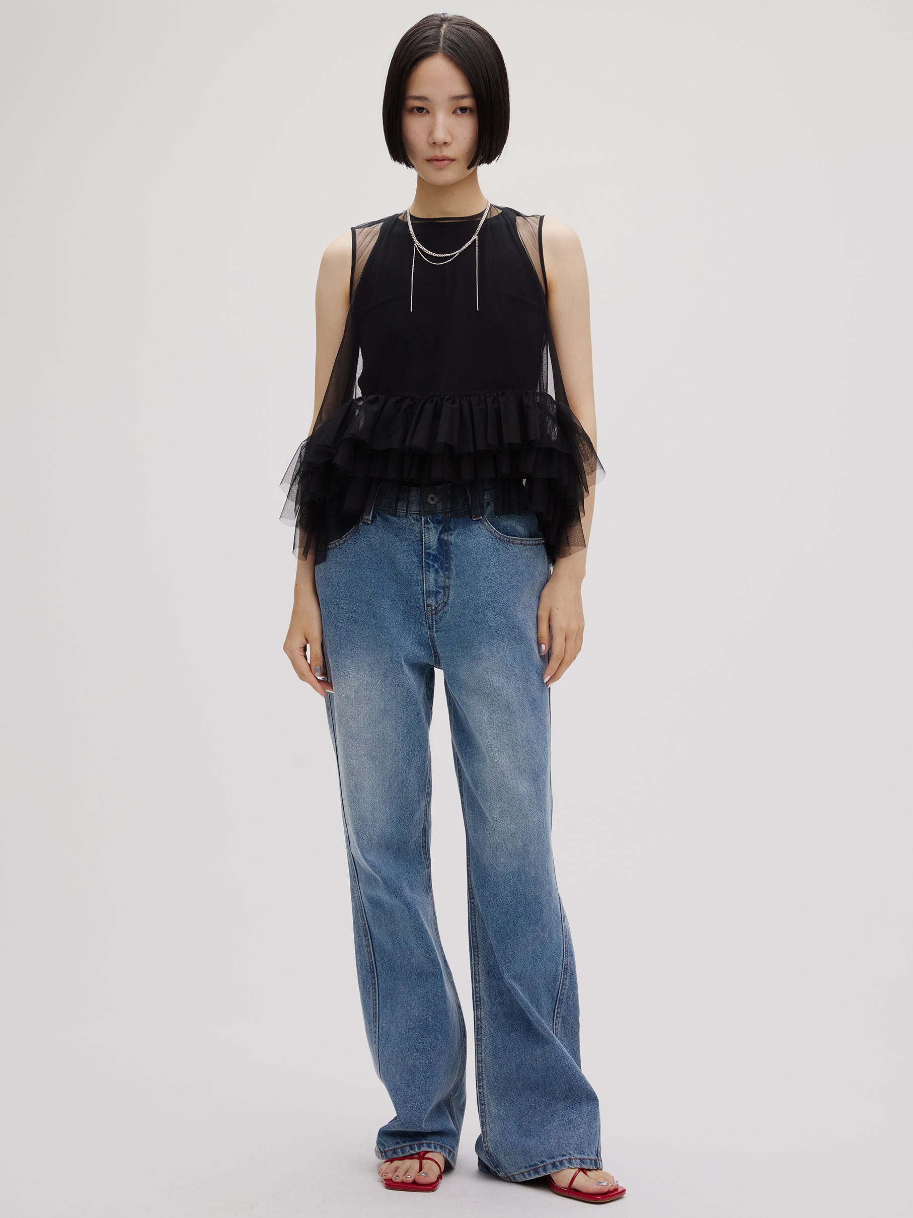 BLACK TULLE HEM RAFFLE TOP