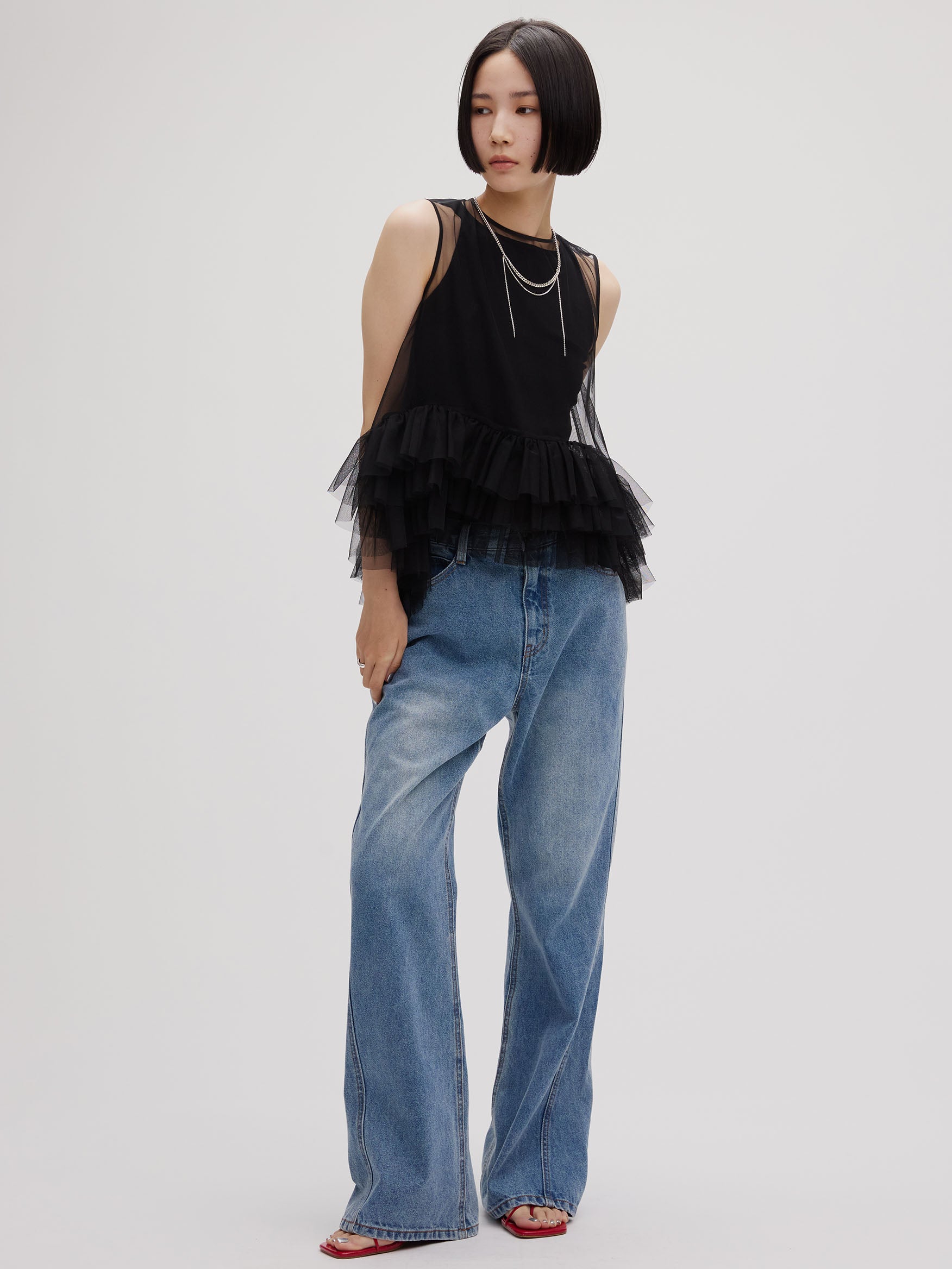 BLACK TULLE HEM RAFFLE TOP