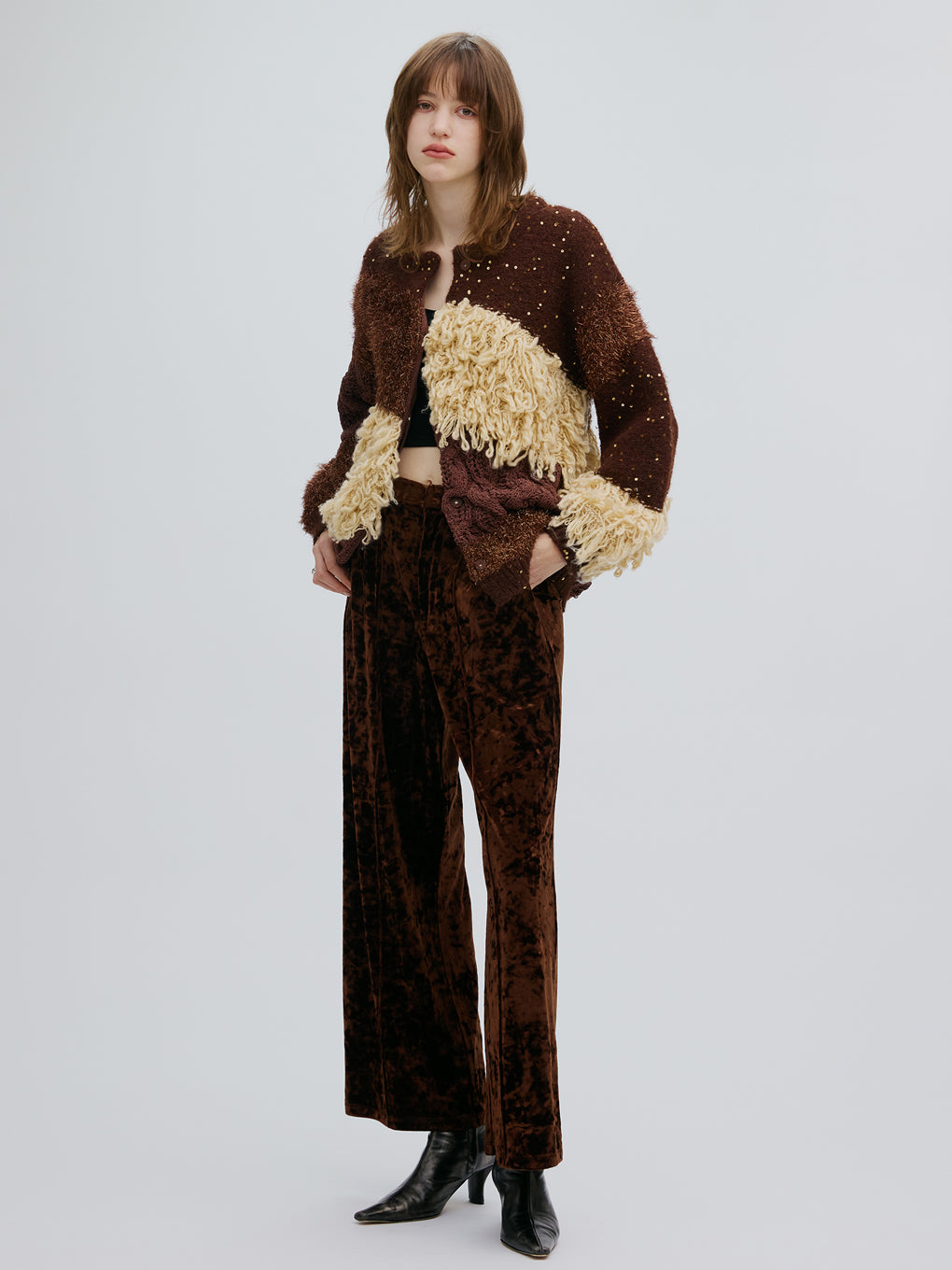 UND MIX YARN PATCHWORK KNIT CARDIGAN