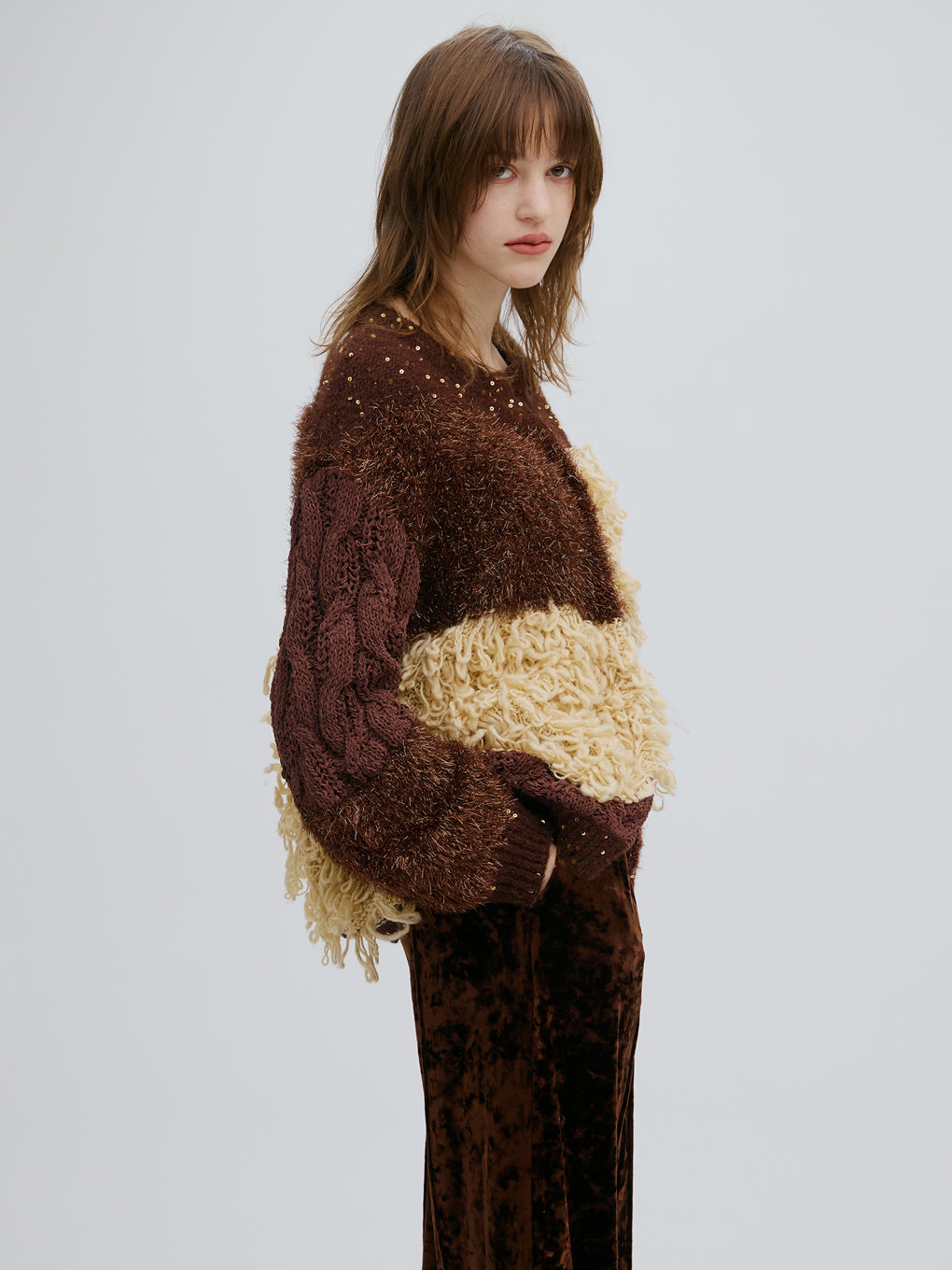 UND MIX YARN PATCHWORK KNIT CARDIGAN