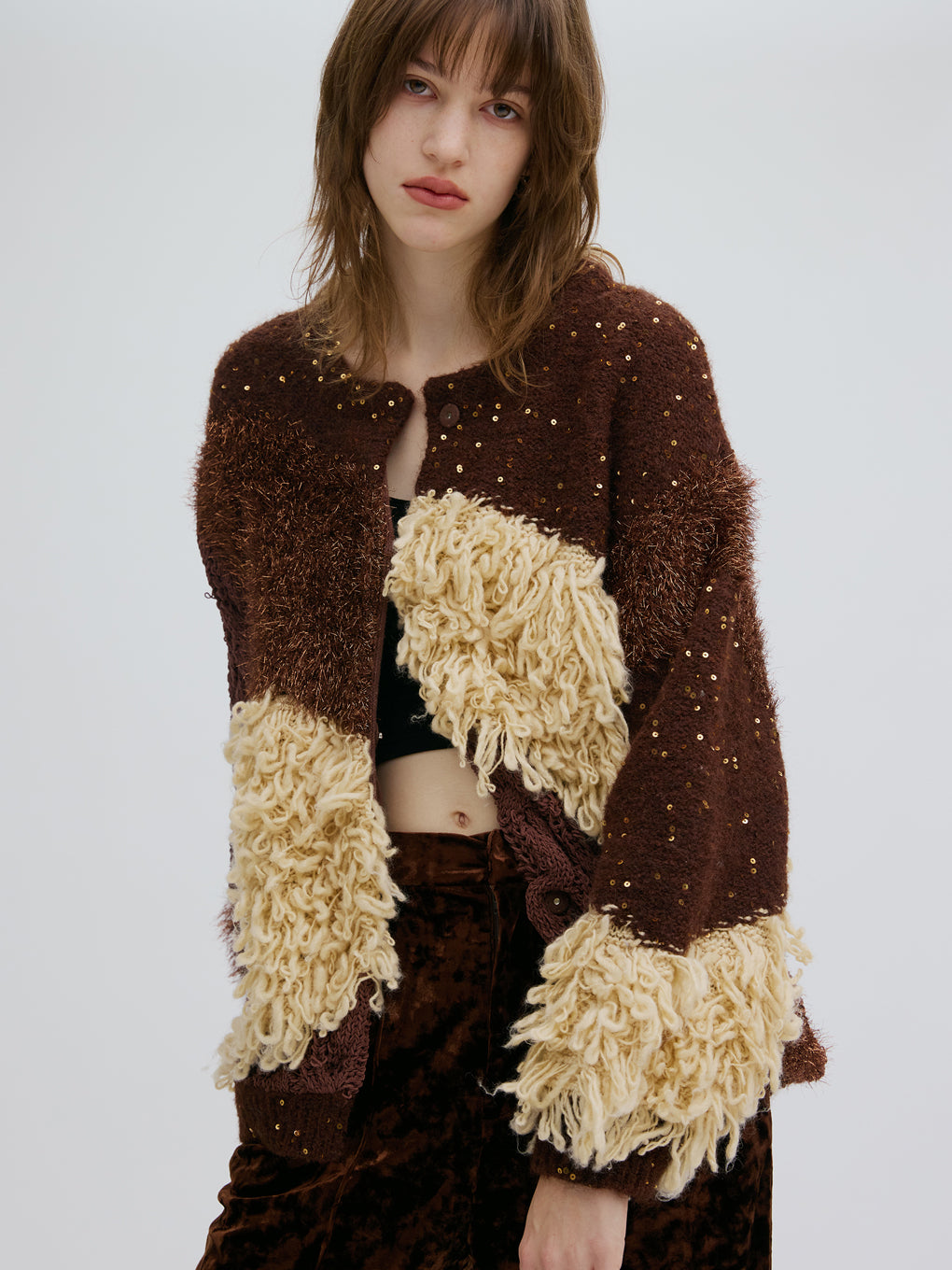 UND MIX YARN PATCHWORK KNIT CARDIGAN