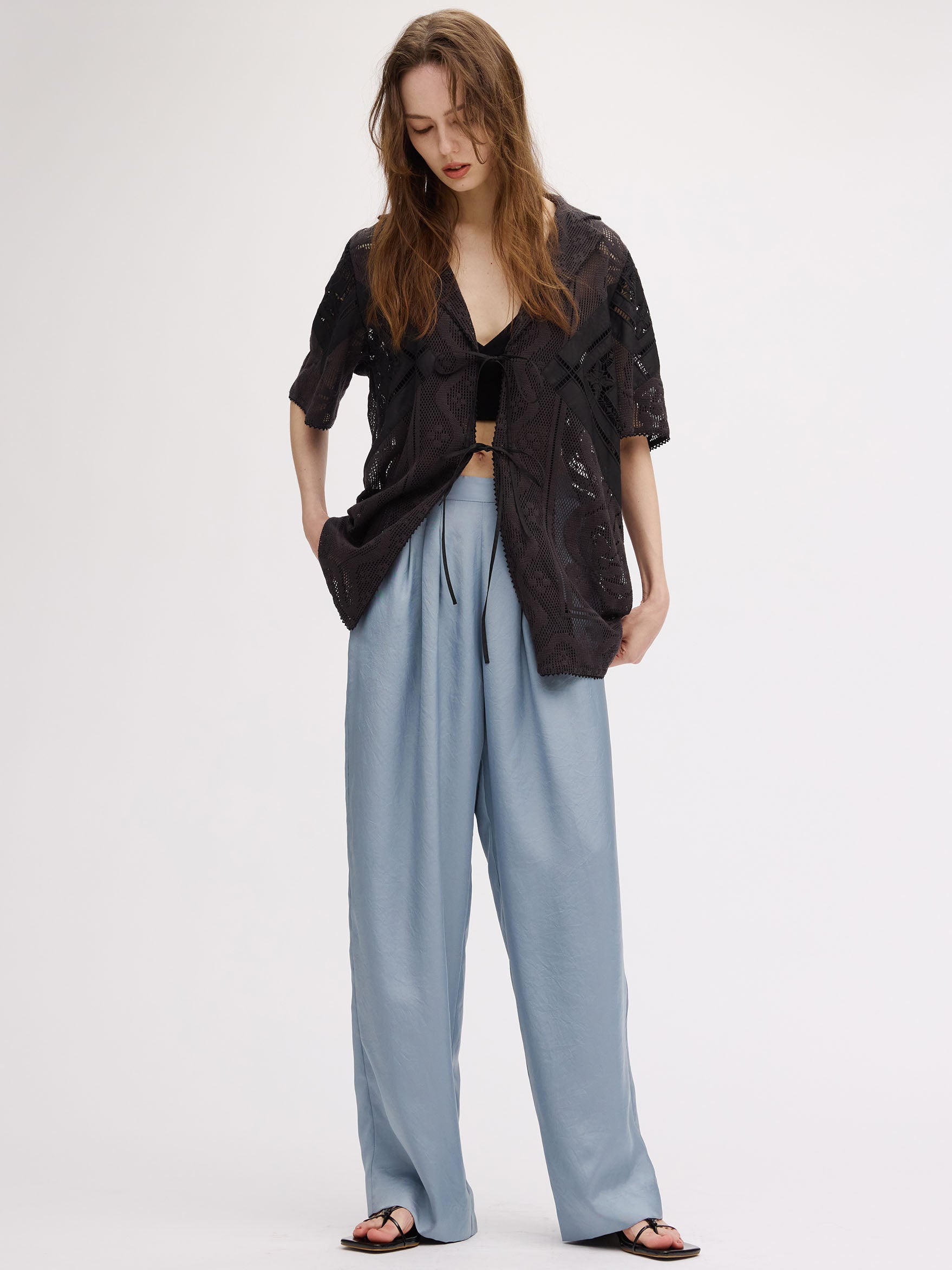 LACE COMBI HALF SLEEVE JACKET SHIRT
