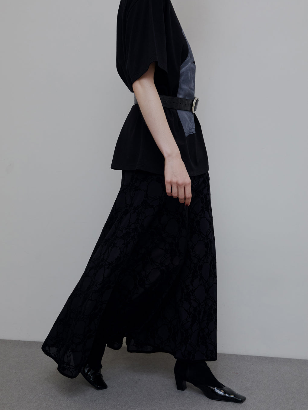SHEER FLOCKY SEMI FLARE SKIRT