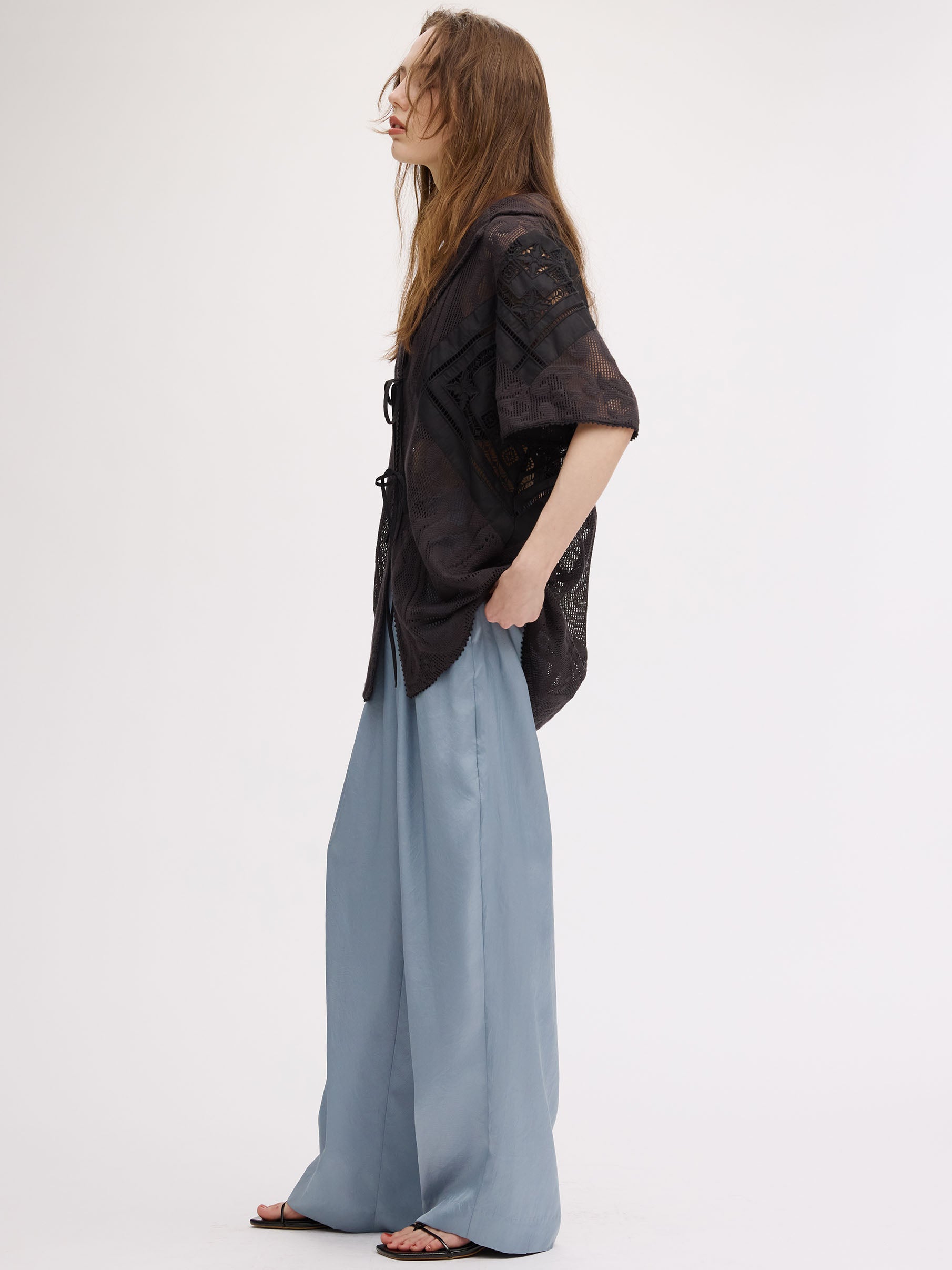 LACE COMBI HALF SLEEVE JACKET SHIRT