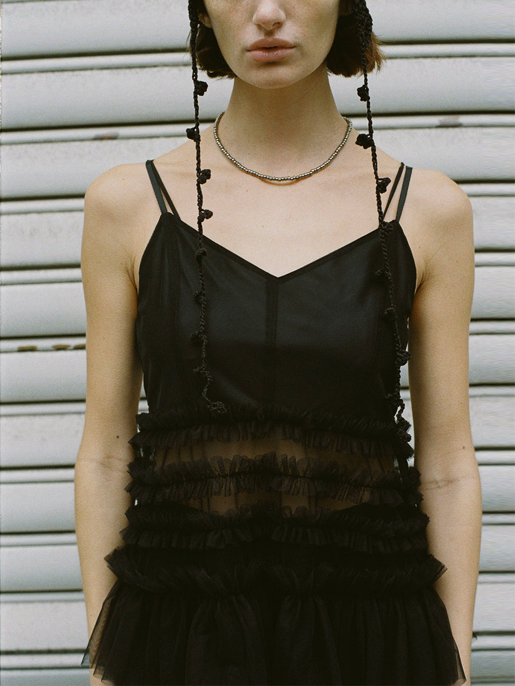 BLACK TULLE RAFFLE CAMI TOP