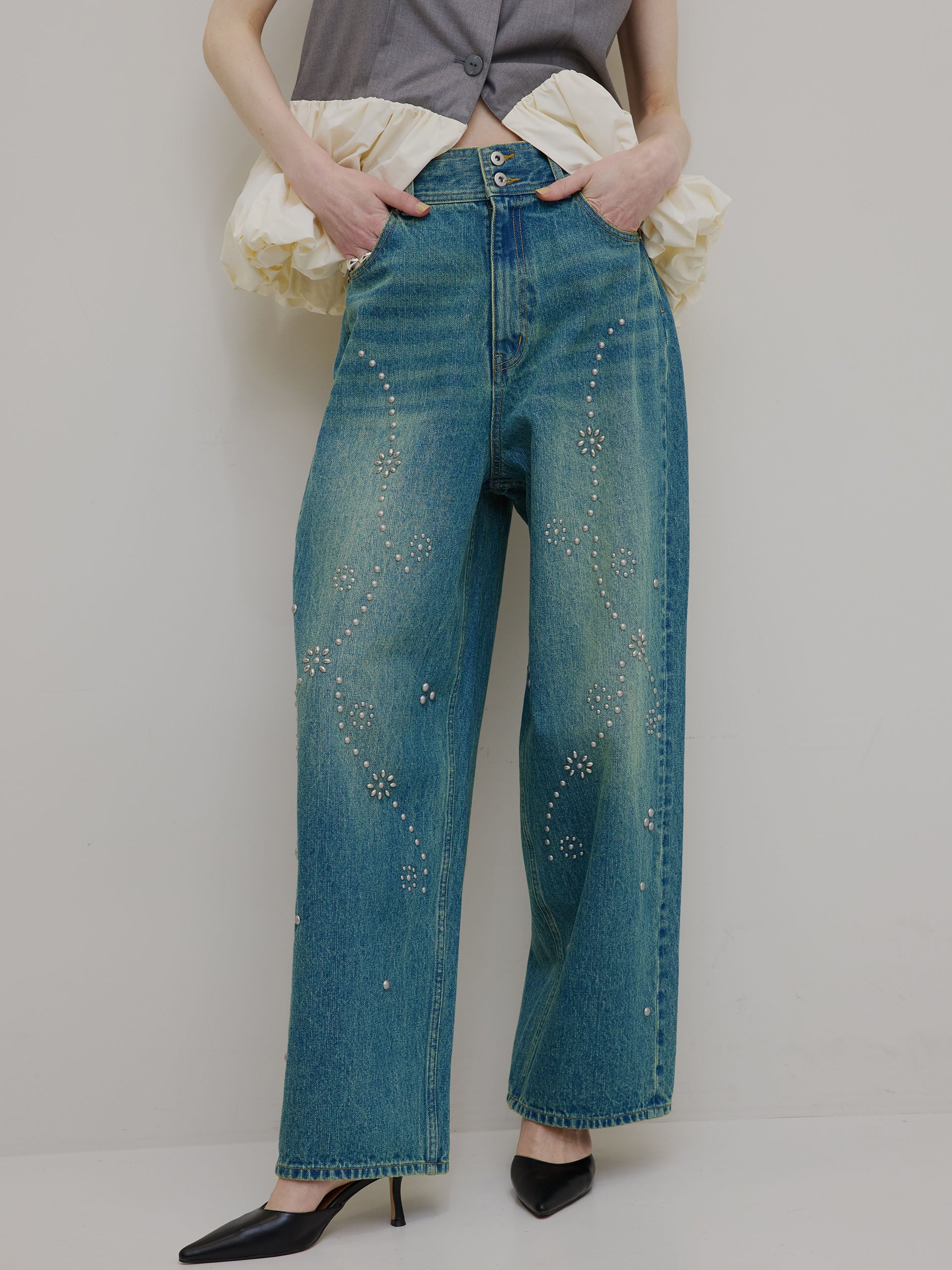 STUDS DETAIL STRAIGHT DENIM PANTS