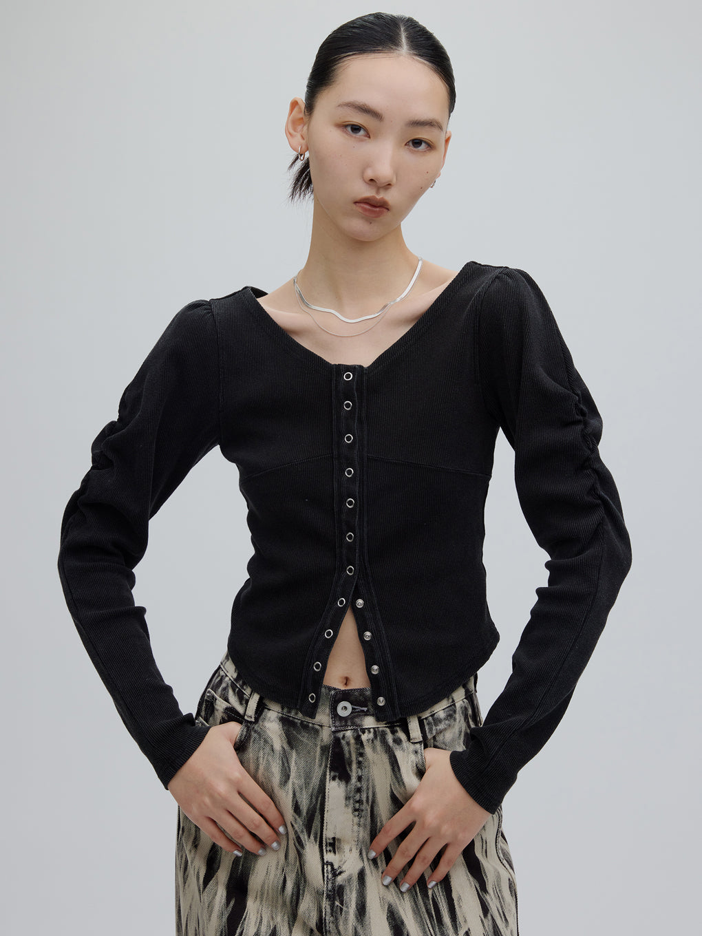 DENIM LIKE BALLOON SLEEVE CUT TOP