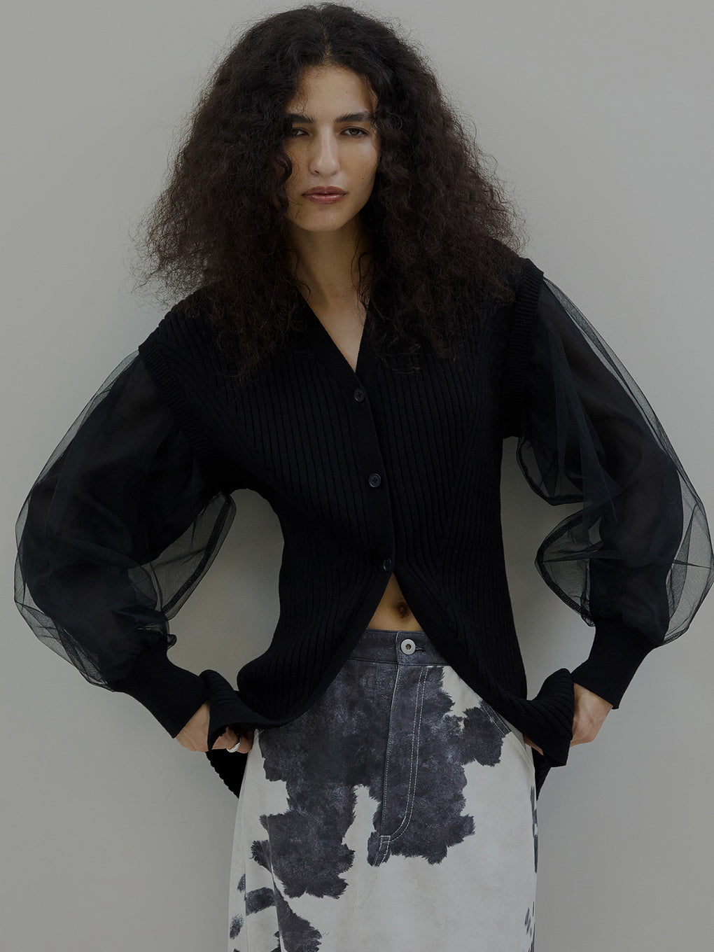 SHEER SLEEVE WAVE KNIT CARDIGAN