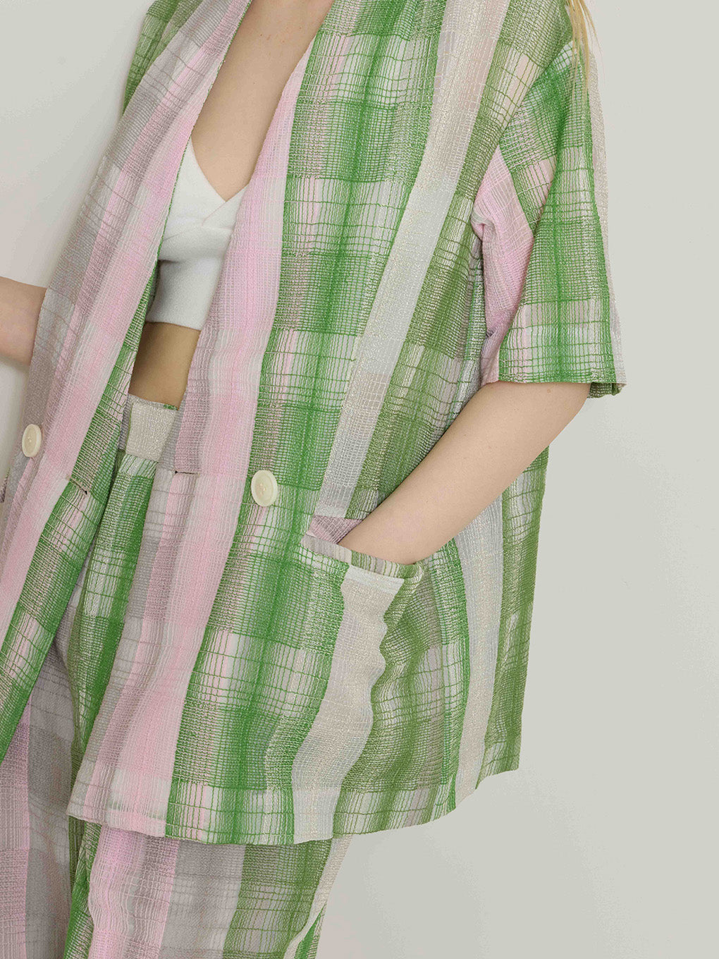 CHECK EMBROIDERY NO COLLAR JACKET