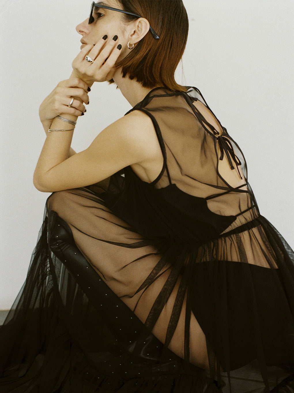 BLACK TULLE WAVE TIERED DRESS