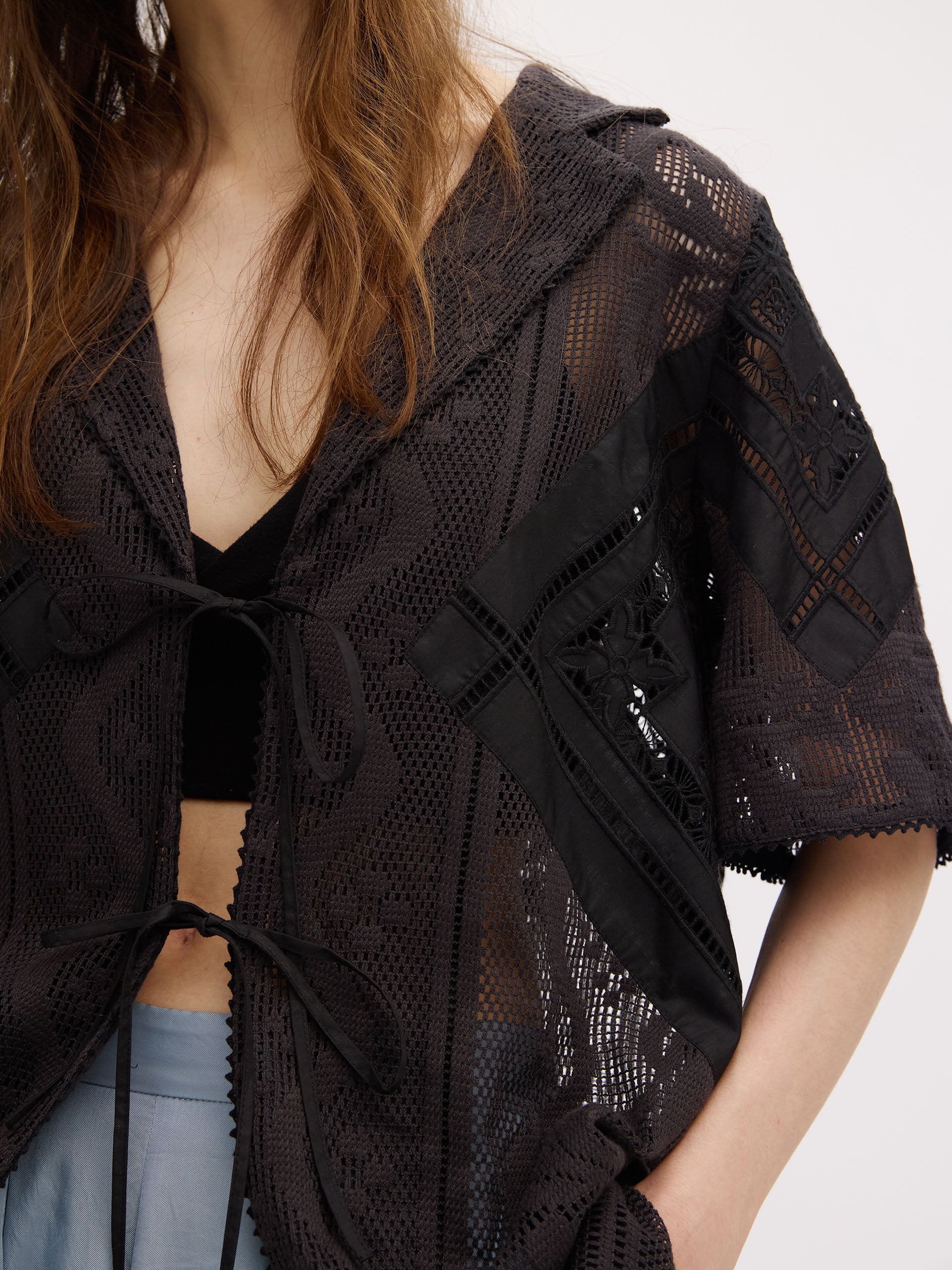LACE COMBI HALF SLEEVE JACKET SHIRT