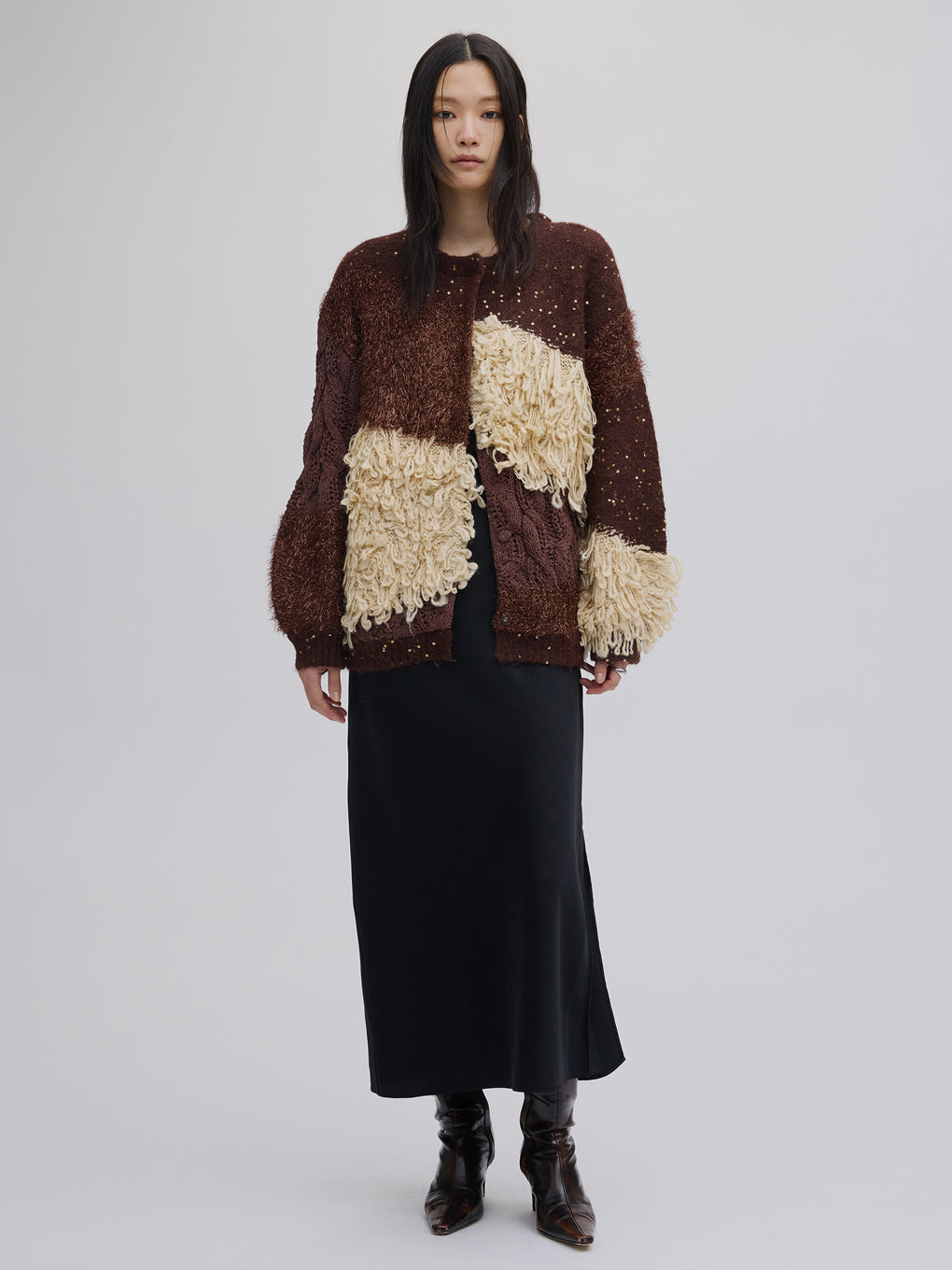 UND MIX YARN PATCHWORK KNIT CARDIGAN