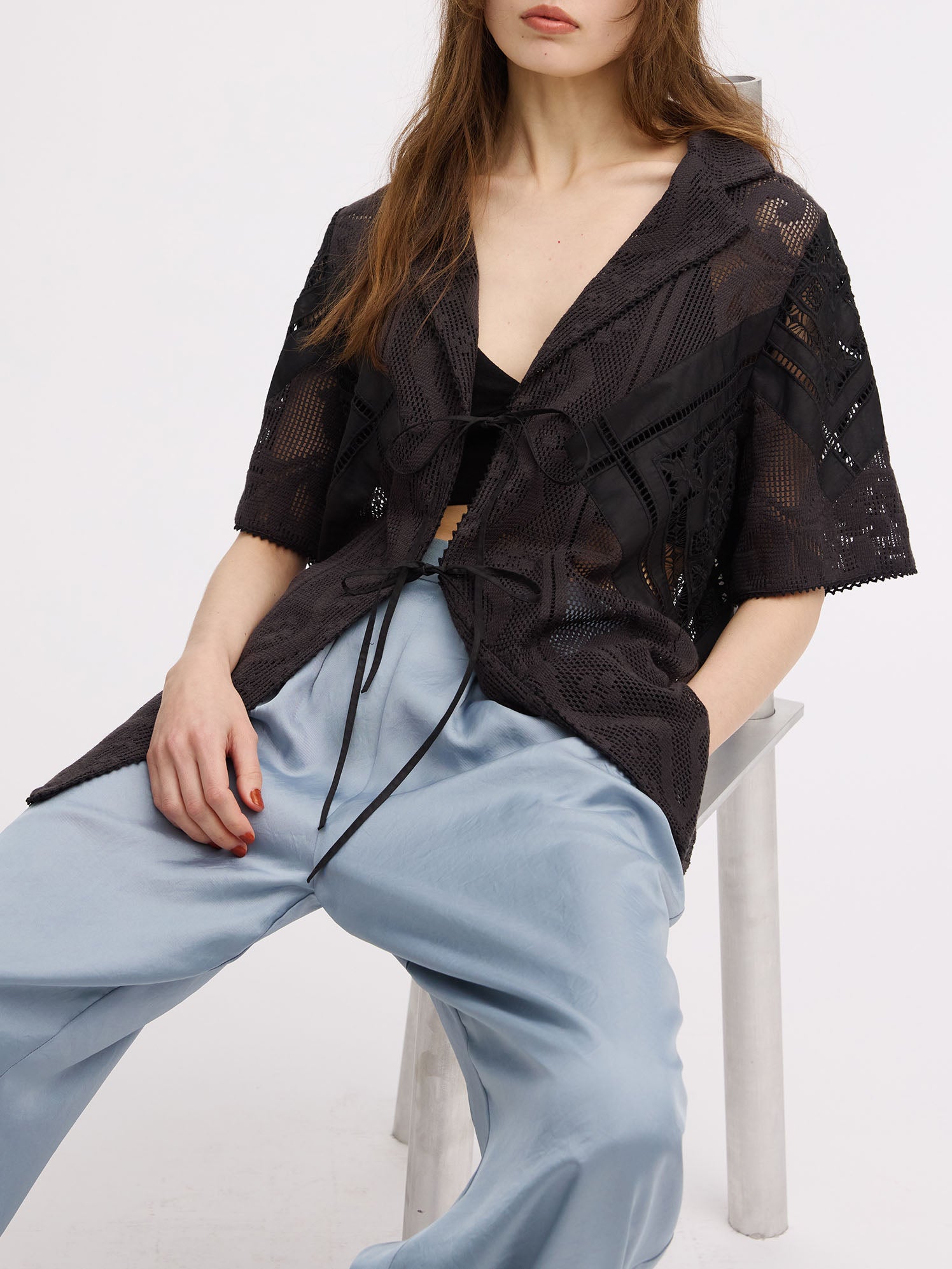 LACE COMBI HALF SLEEVE JACKET SHIRT