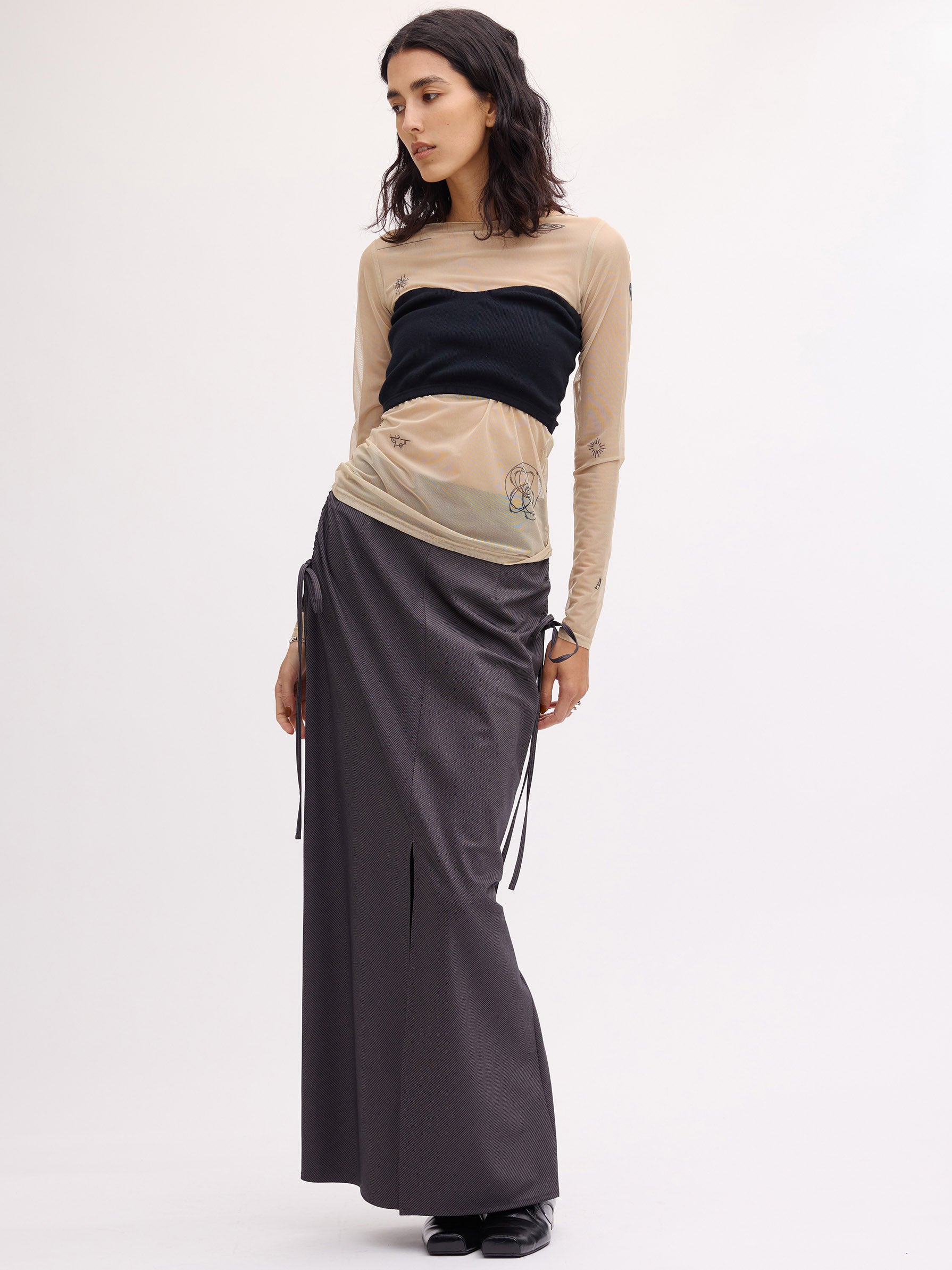 STRIPE DARWSTRING LONG SKIRT
