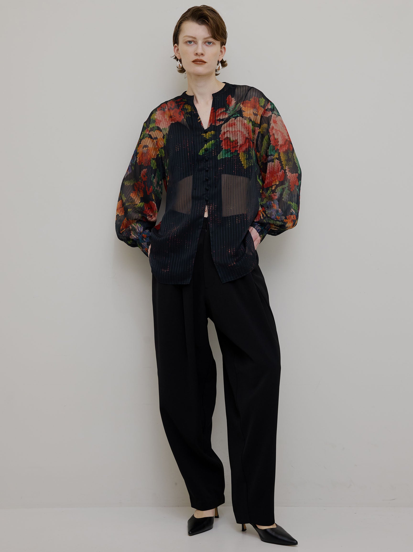 JACQUARD FLOWER PATTERN SHEER BLOUSE