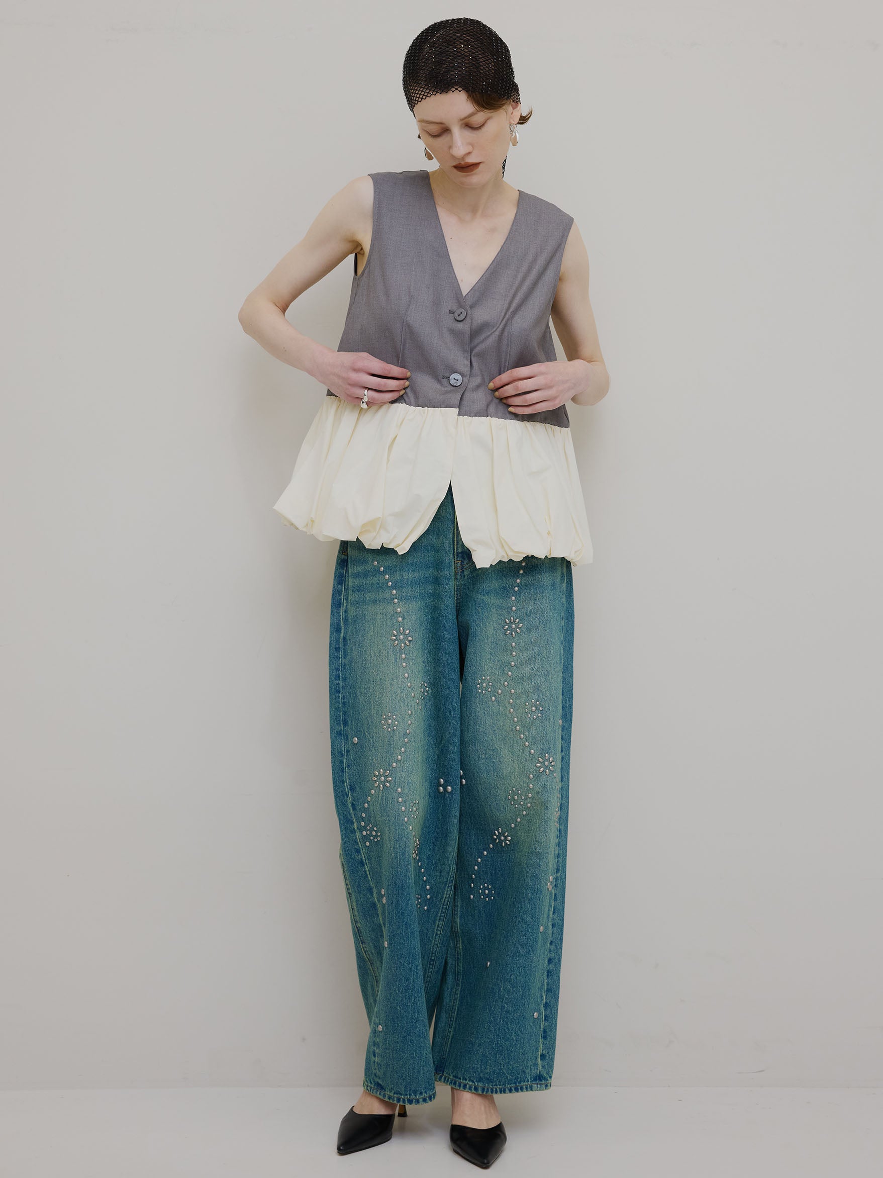 STUDS DETAIL STRAIGHT DENIM PANTS