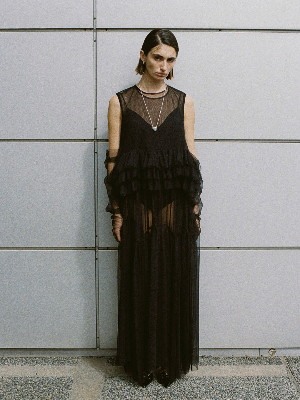 BLACK TULLE WAVE TIERED DRESS