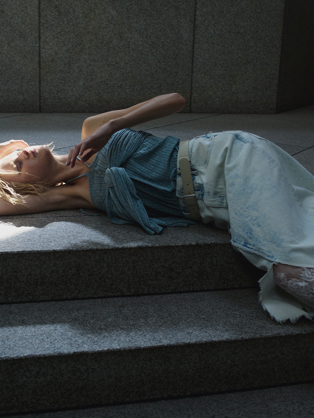 REMAKE LIKE DENIM LACE LAYERED SKIRT