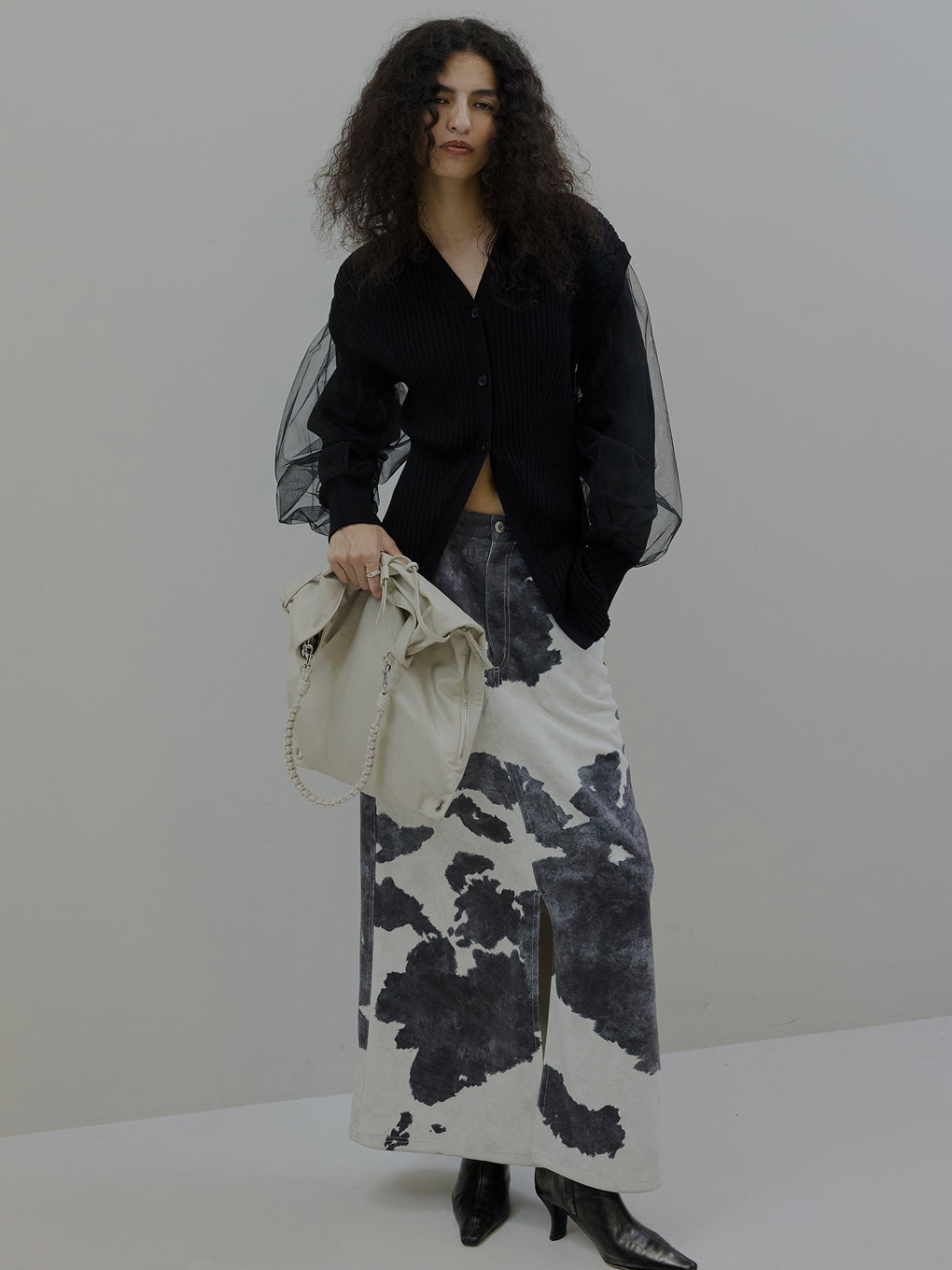 SHEER SLEEVE WAVE KNIT CARDIGAN