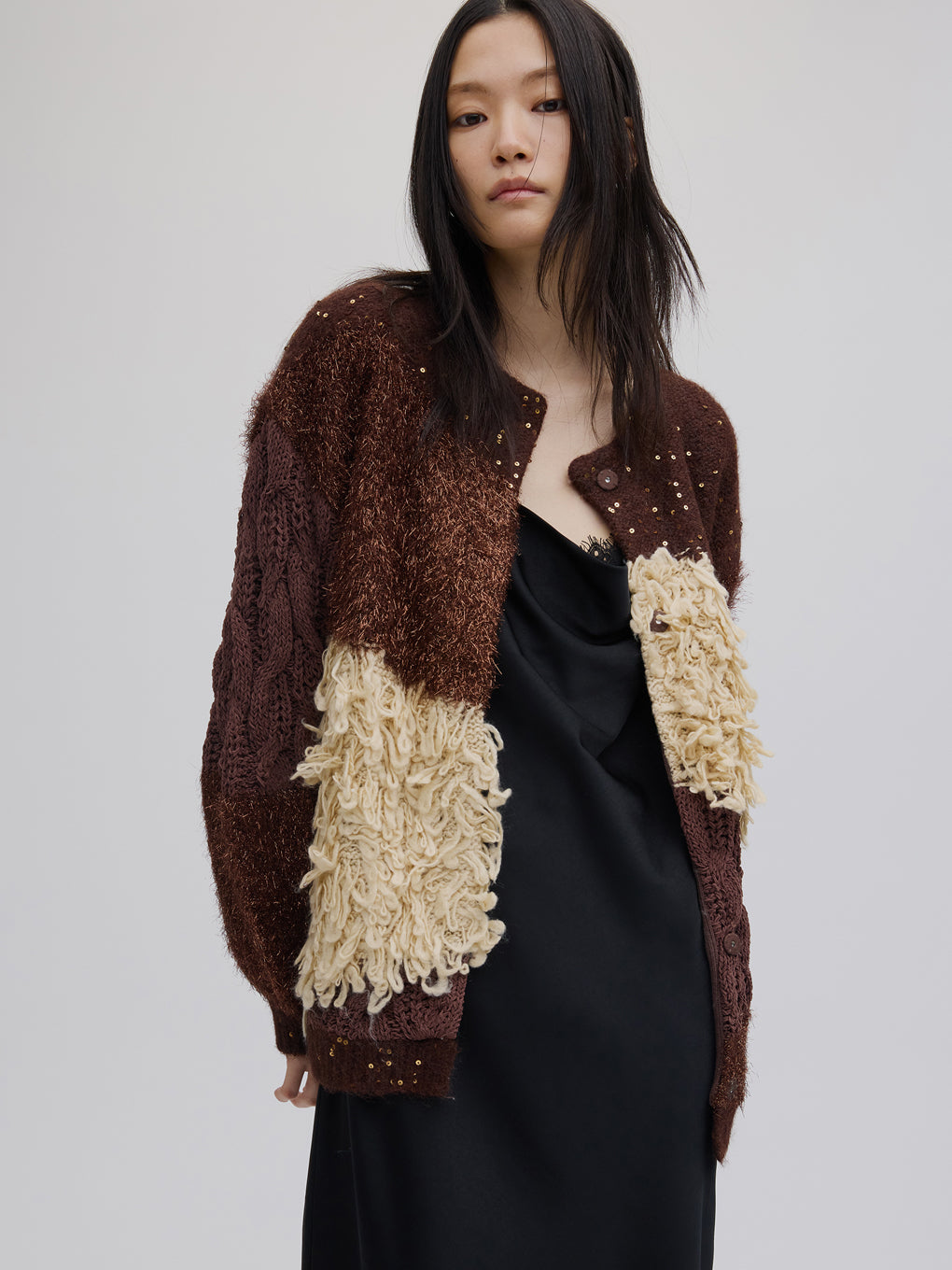 UND MIX YARN PATCHWORK KNIT CARDIGAN