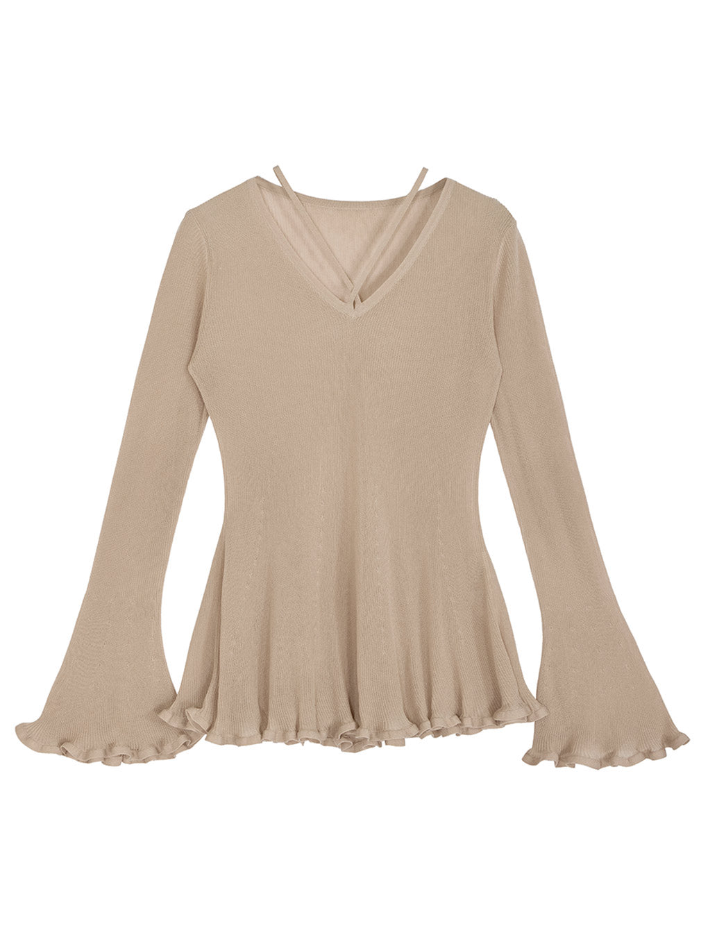 SHEER FRILL V NECK KNIT TOP