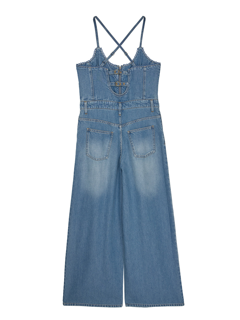 BACK CROSS DENIM ROMPERS