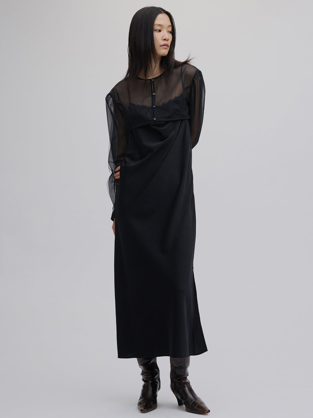 SHEER LAYERED SATIN DRESS