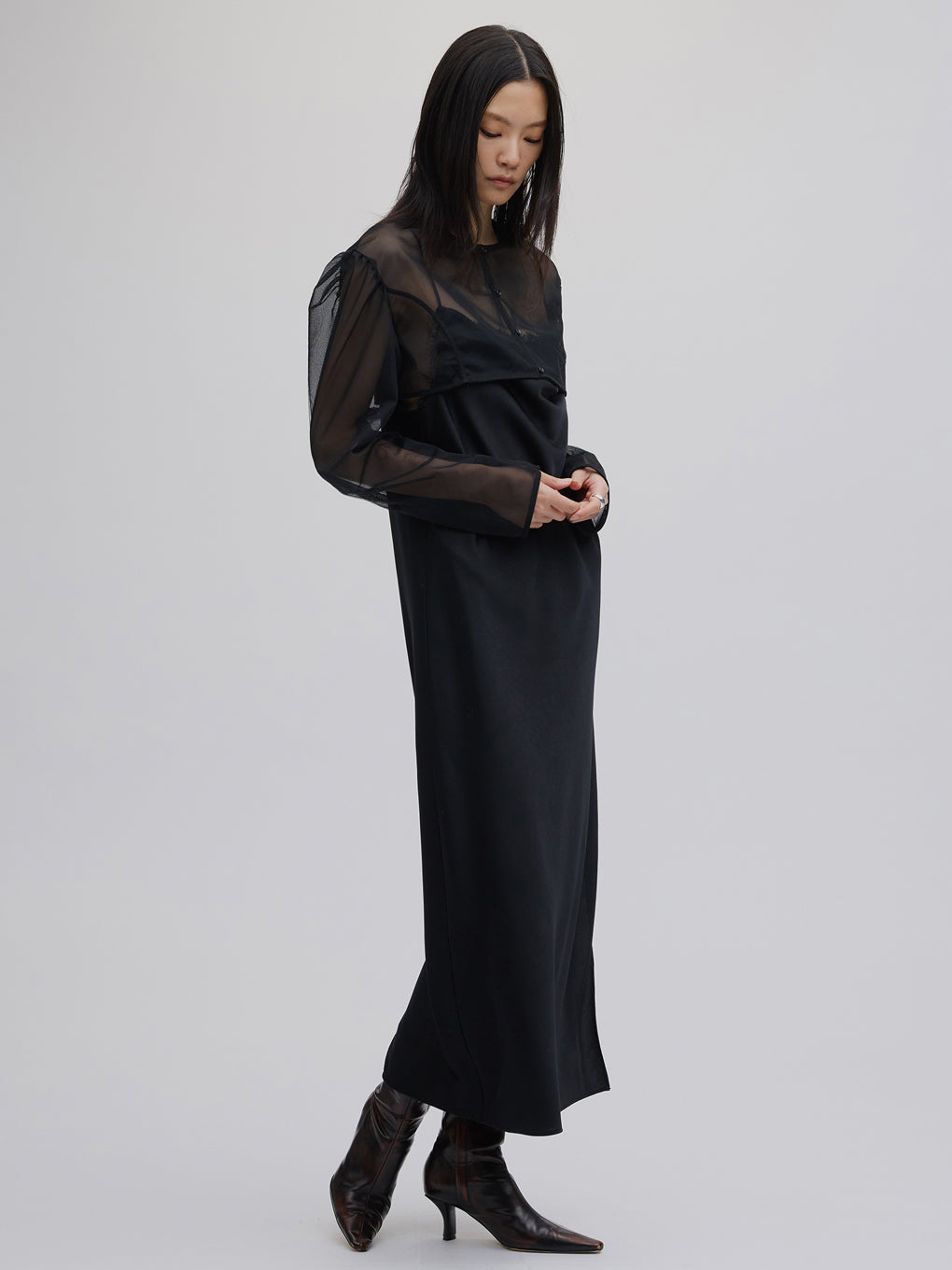 SHEER LAYERED SATIN DRESS