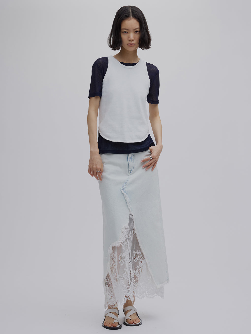 REMAKE LIKE DENIM LACE LAYERED SKIRT