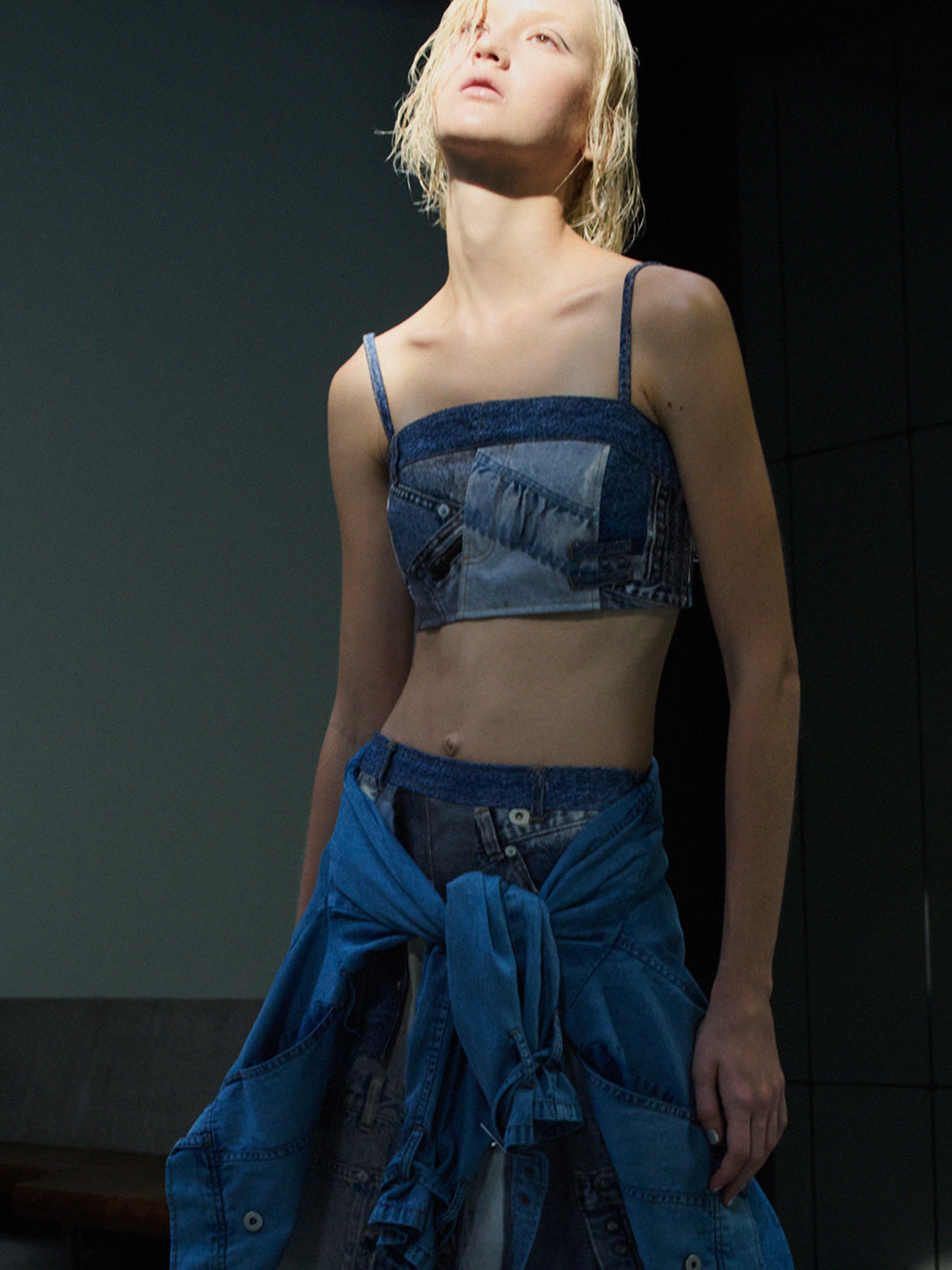 DENIM PATCHWORK PRINT BUSTIER