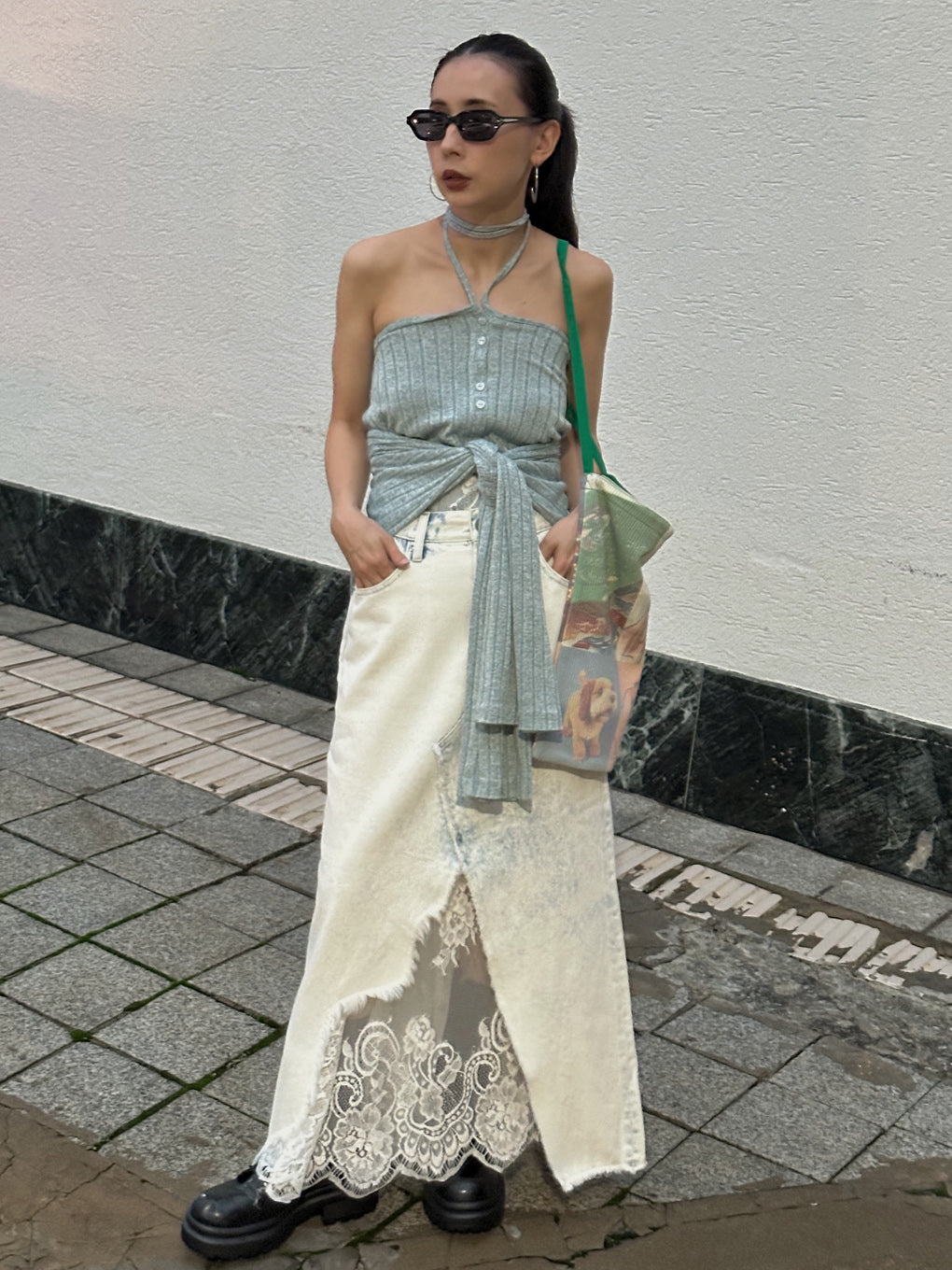 REMAKE LIKE DENIM LACE LAYERED SKIRT