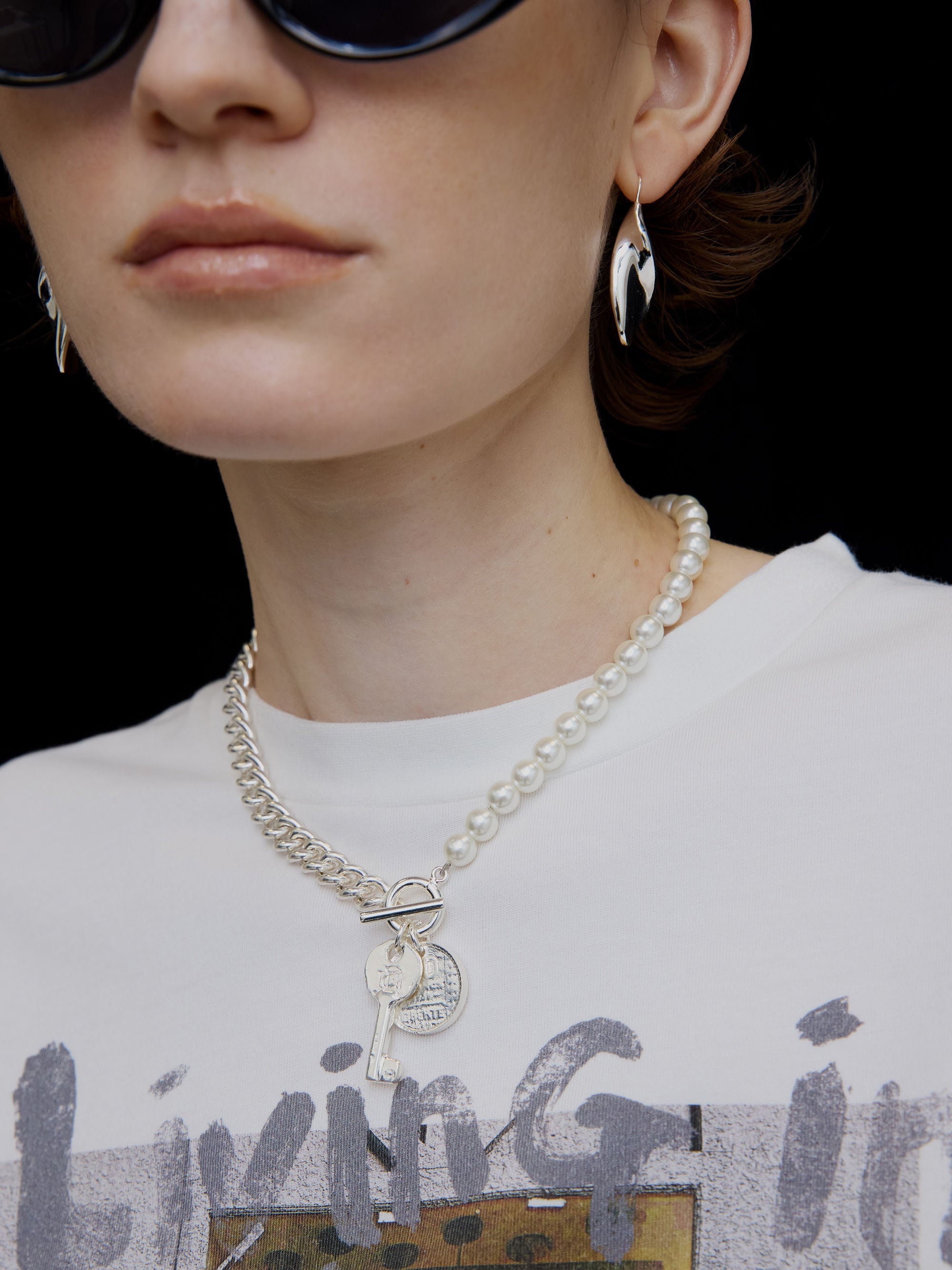 3WAY MOTIF FAKE PEARL CHAIN NECKLACE