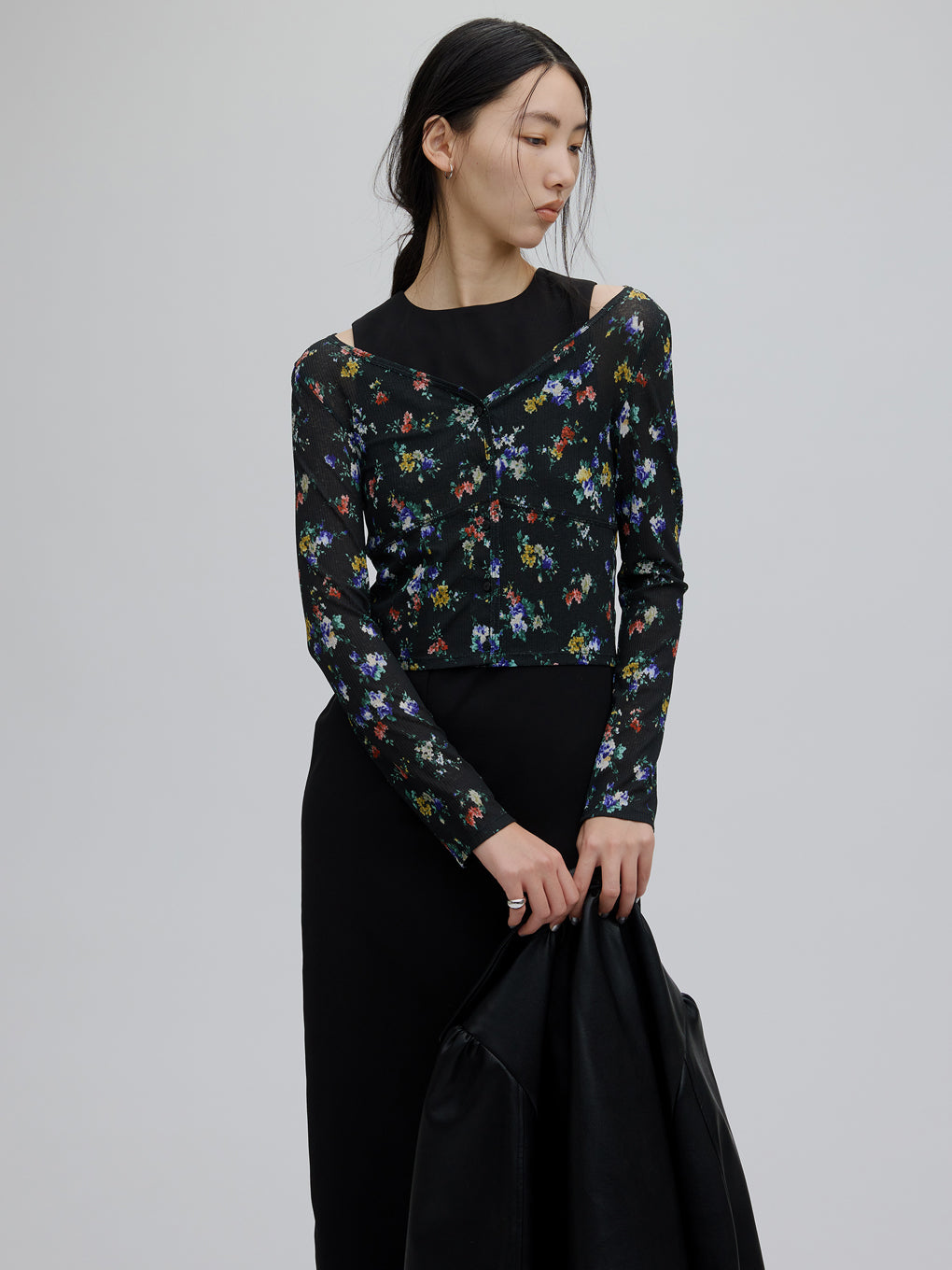 SHEER RIB CARDIGAN WITH STRAIGHT DRESS