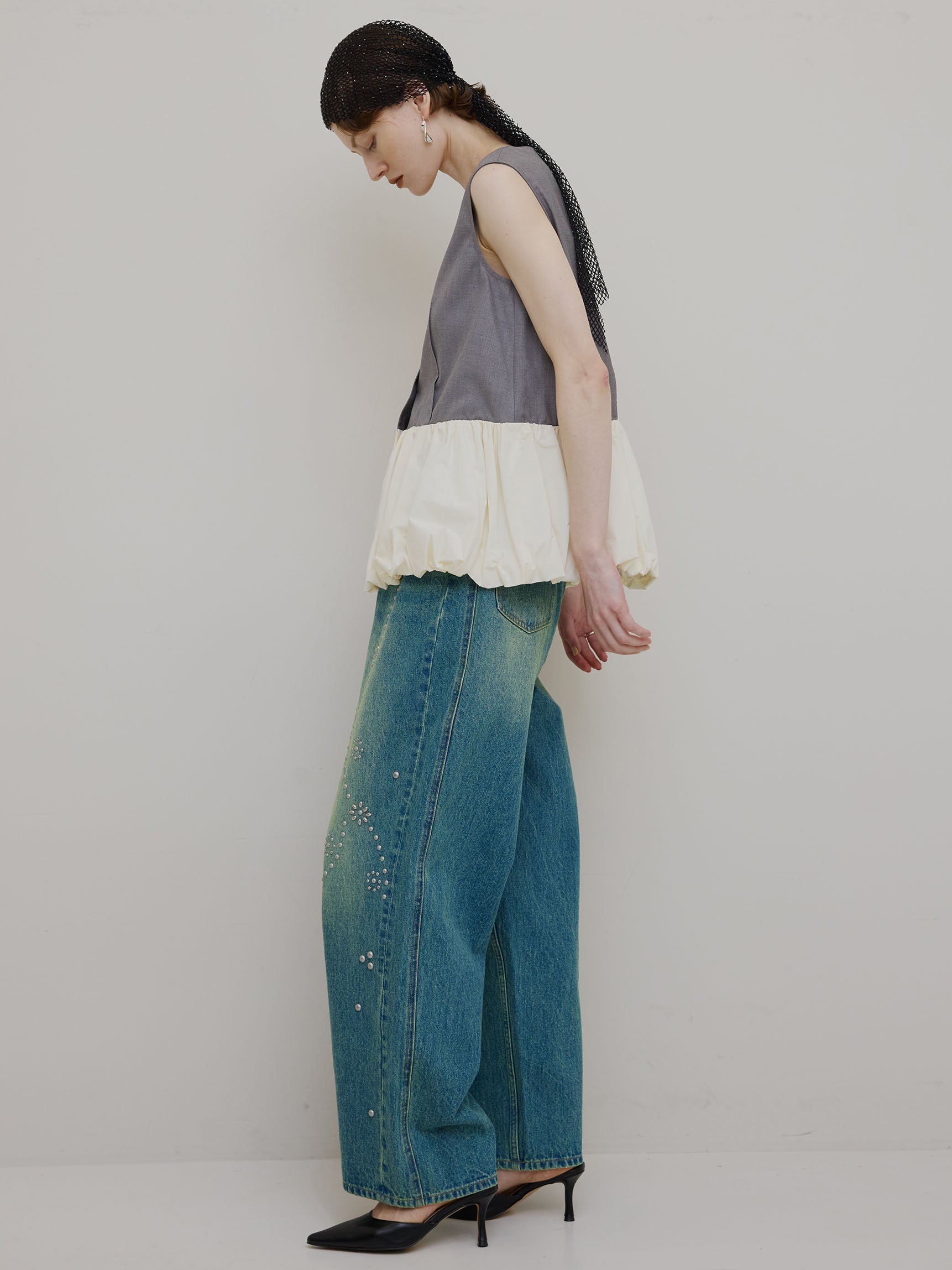 STUDS DETAIL STRAIGHT DENIM PANTS