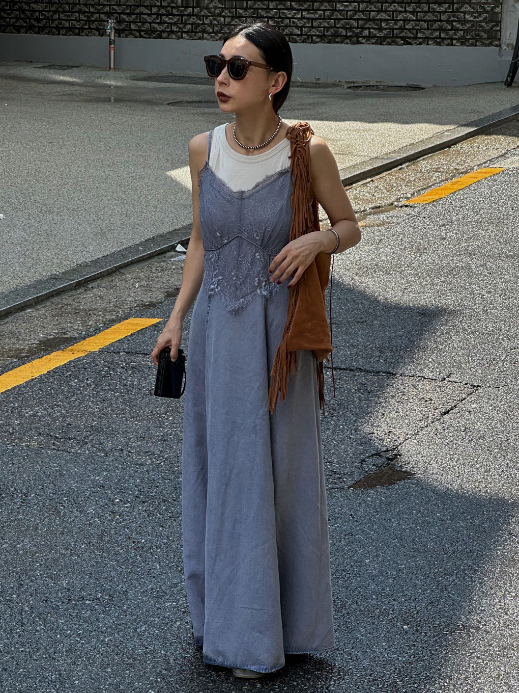 LACE DOCKING TENCEL DENIM FLARE DRESS
