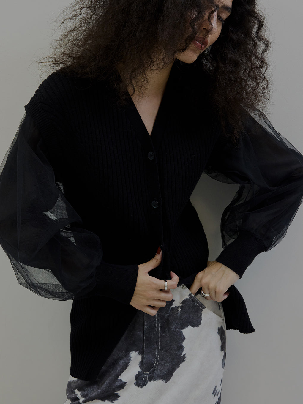 SHEER SLEEVE WAVE KNIT CARDIGAN