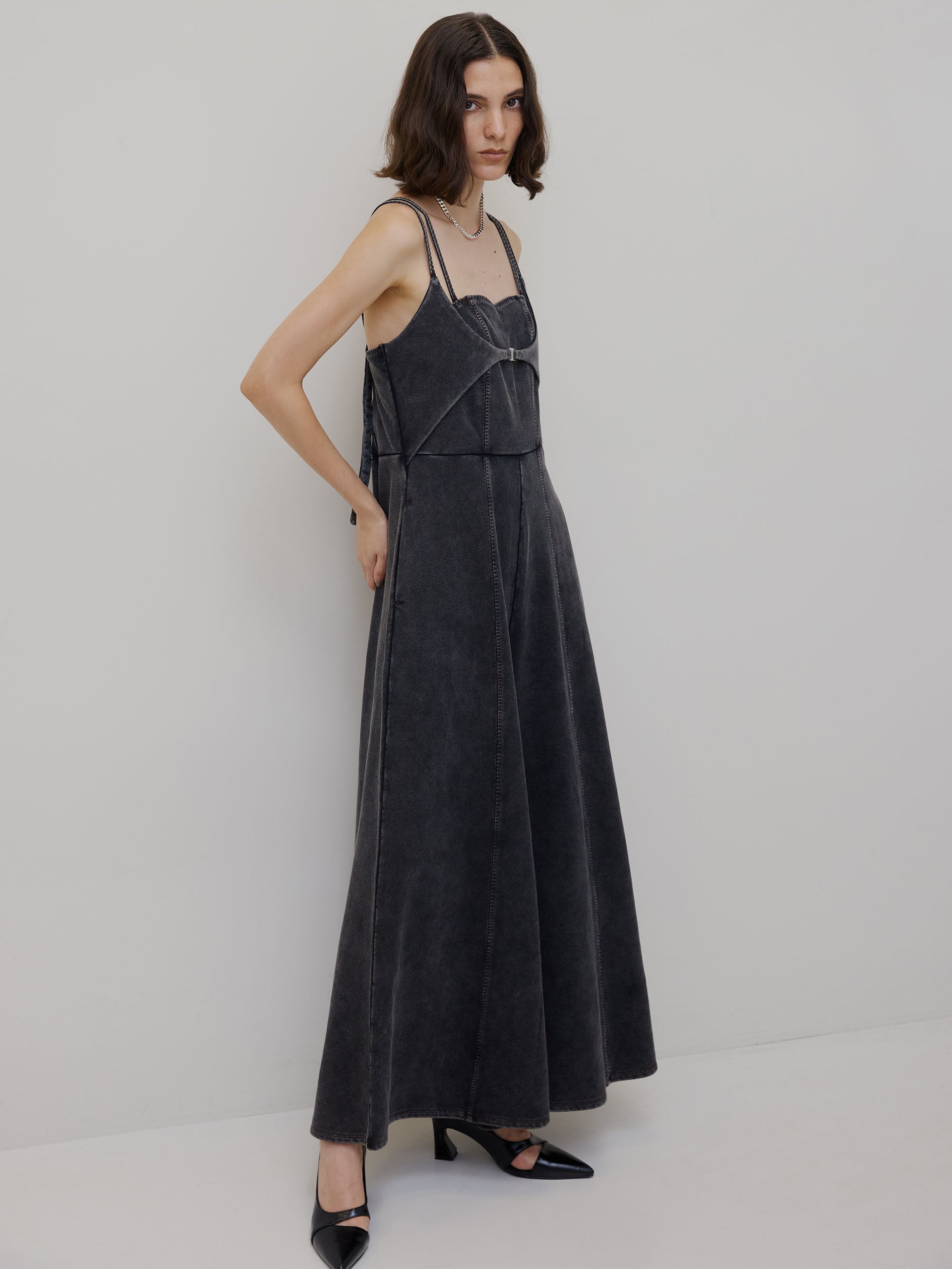 DENIM LIKE VOLUME CAMI ROMPERS