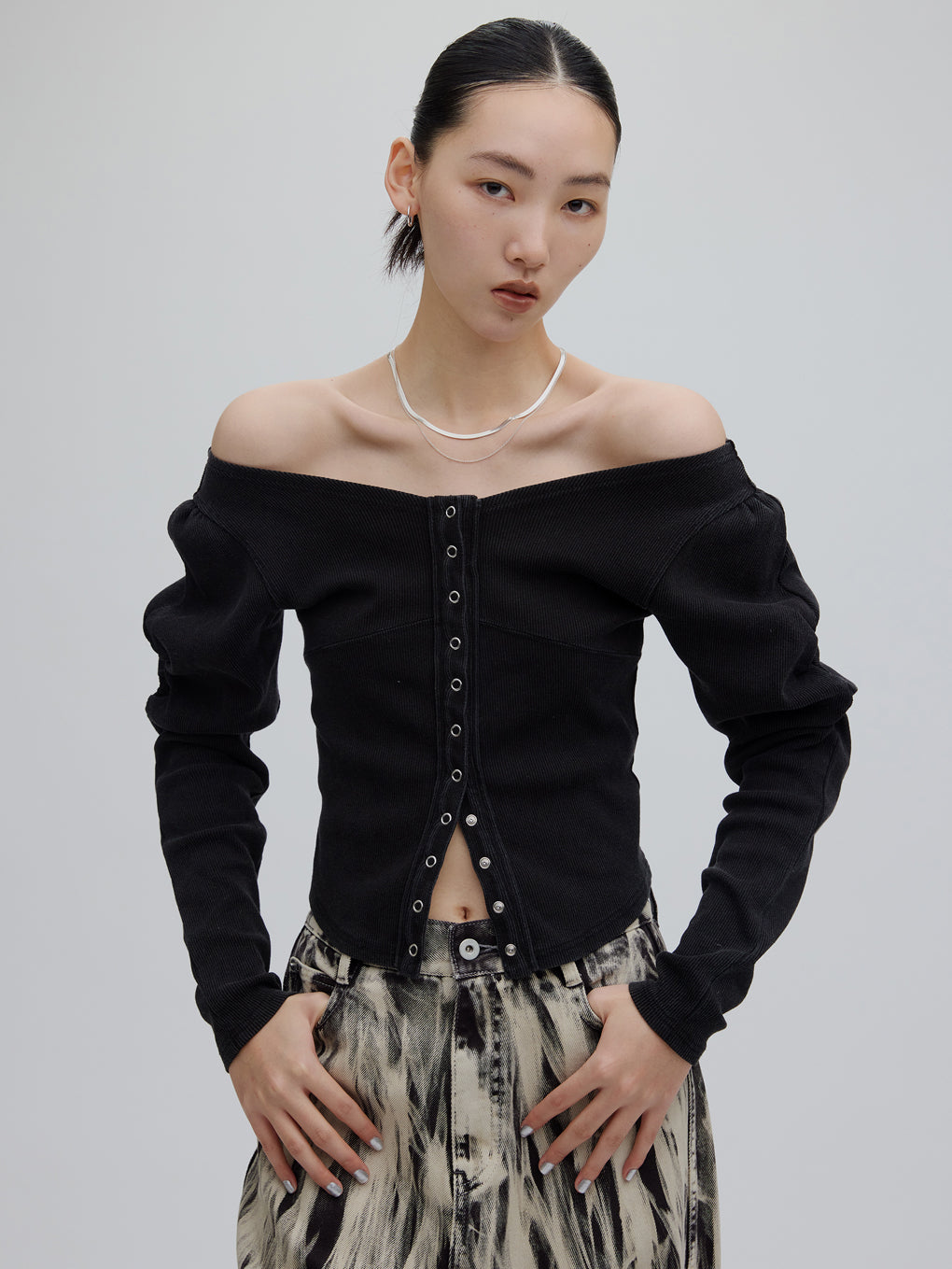 DENIM LIKE BALLOON SLEEVE CUT TOP