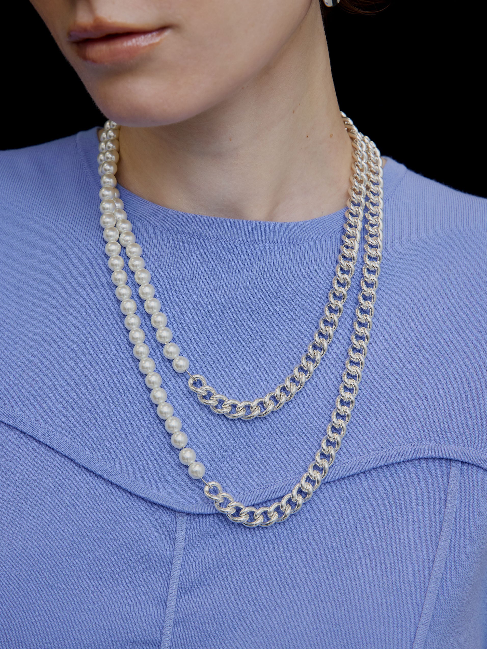 3WAY MOTIF FAKE PEARL CHAIN NECKLACE