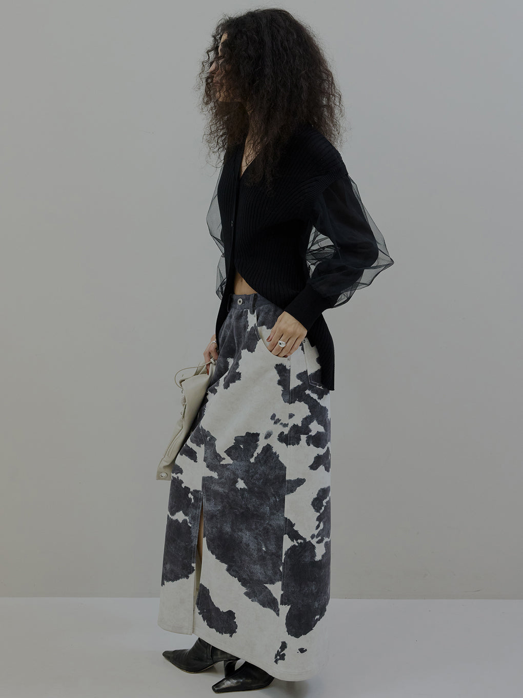 SHEER SLEEVE WAVE KNIT CARDIGAN