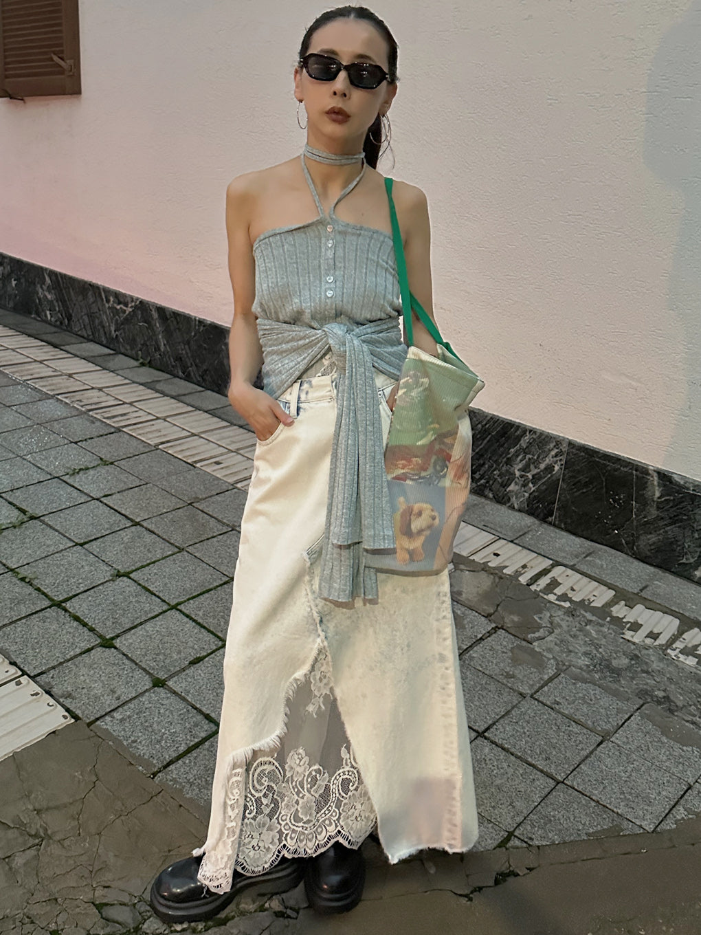 REMAKE LIKE DENIM LACE LAYERED SKIRT