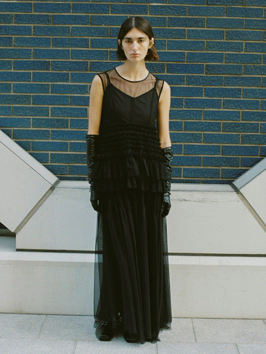 BLACK TULLE WAVE TIERED DRESS