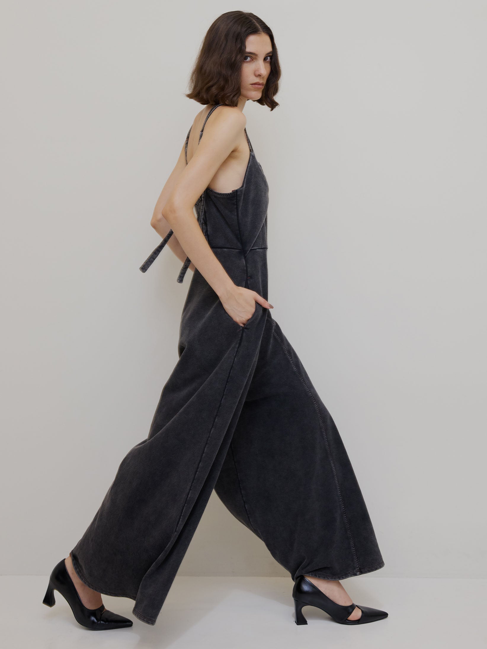 DENIM LIKE VOLUME CAMI ROMPERS