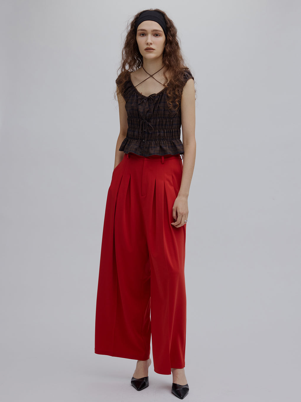 CHECK SHIRRING RIBBON TOPS