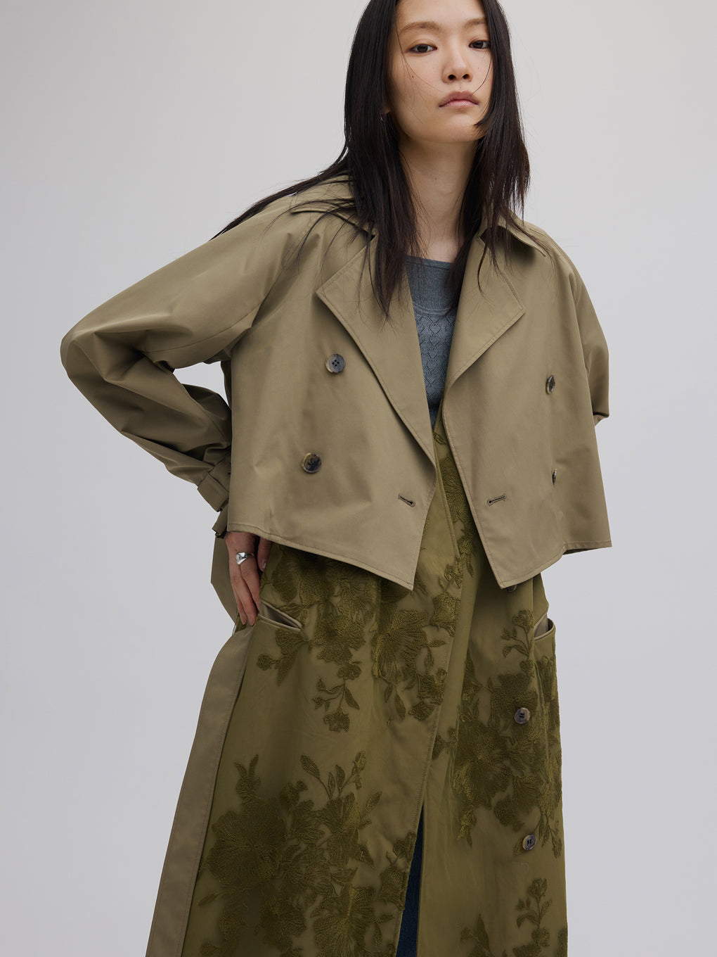 3WAY TULLE EMBROIDERY DOCKING TRENCH COAT