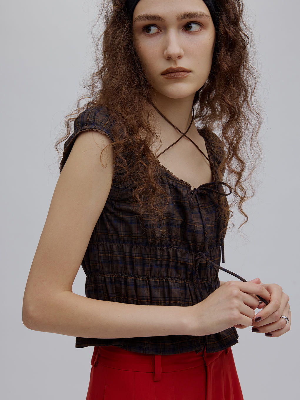CHECK SHIRRING RIBBON TOPS