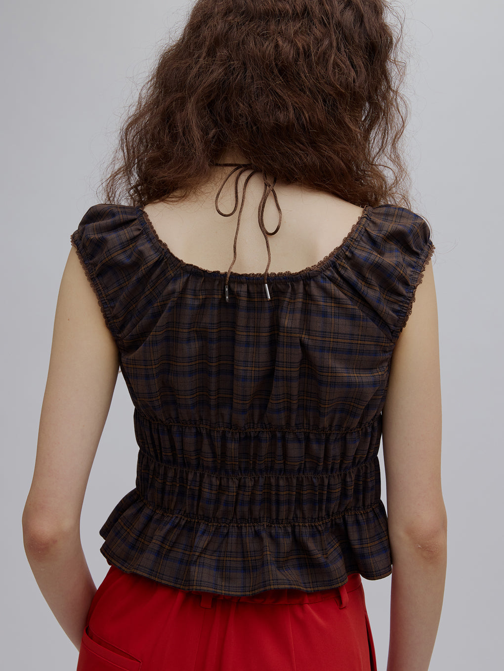 CHECK SHIRRING RIBBON TOPS