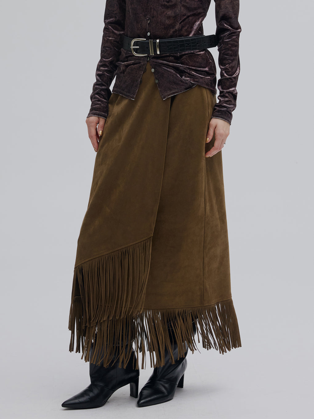 SUEDE FRINGE WRAP SKIRT
