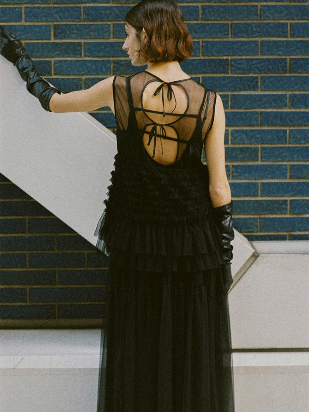 BLACK TULLE WAVE TIERED DRESS