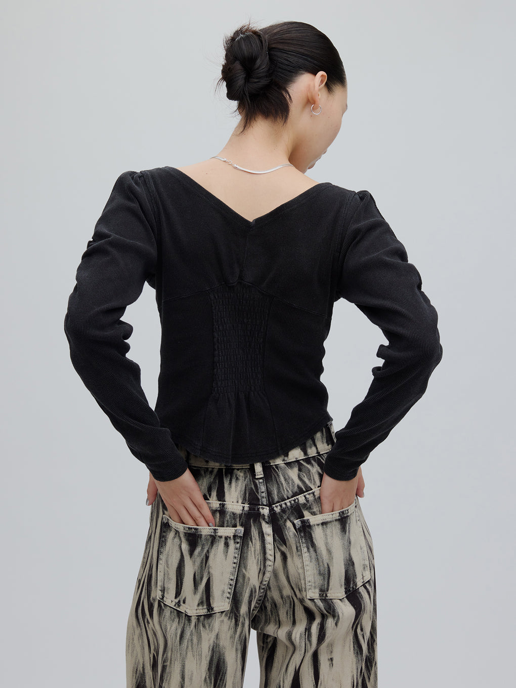 DENIM LIKE BALLOON SLEEVE CUT TOP